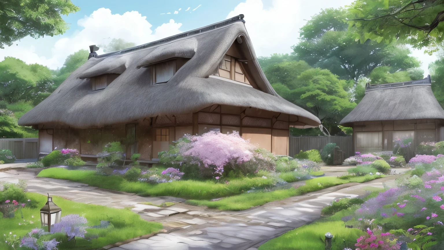 絵のように美しいスラムDay本の田舎, Thatched roof, very cozy little place, hyper realism, (anime Makoto Shinkai:0.4), old shabby house in city swoodt, outdoor, stream,null, cloud, Day, scenery, wood, blue null, building, sign, wide shot, Cat, flower, bird