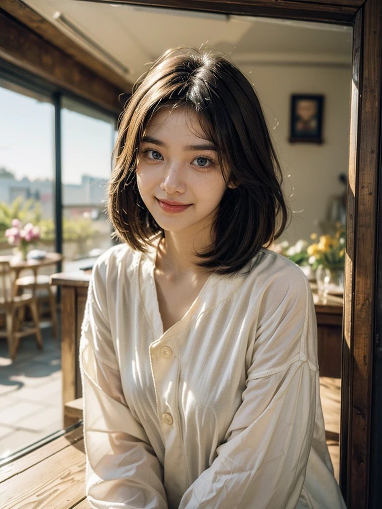 a dream girlfriend, Flower shop owner, youthful charm, beautiful flower shop background, Warm depictio, Super high saturation, bright and vivid colors, Smile, high details, super detail, highres, (best quality, masterpiece, Representative work, official art, Professional, 8k:1.3)