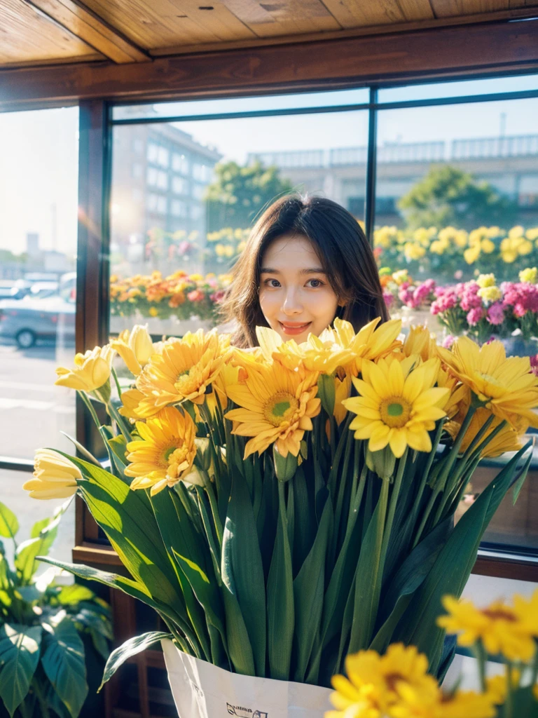 a dream girlfriend, Flower shop owner, youthful charm, beautiful flower shop background, Warm depictio, Super high saturation, bright and vivid colors, Smile, high details, super detail, highres, (best quality, masterpiece, Representative work, official art, Professional, 8k:1.3)