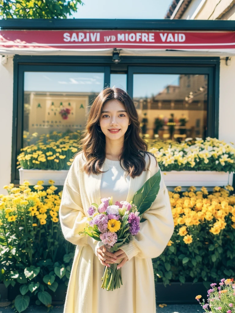 a dream girlfriend, Flower shop owner, youthful charm, beautiful flower shop background, Warm depictio, Super high saturation, bright and vivid colors, Smile, high details, super detail, highres, (best quality, masterpiece, Representative work, official art, Professional, 8k:1.3)