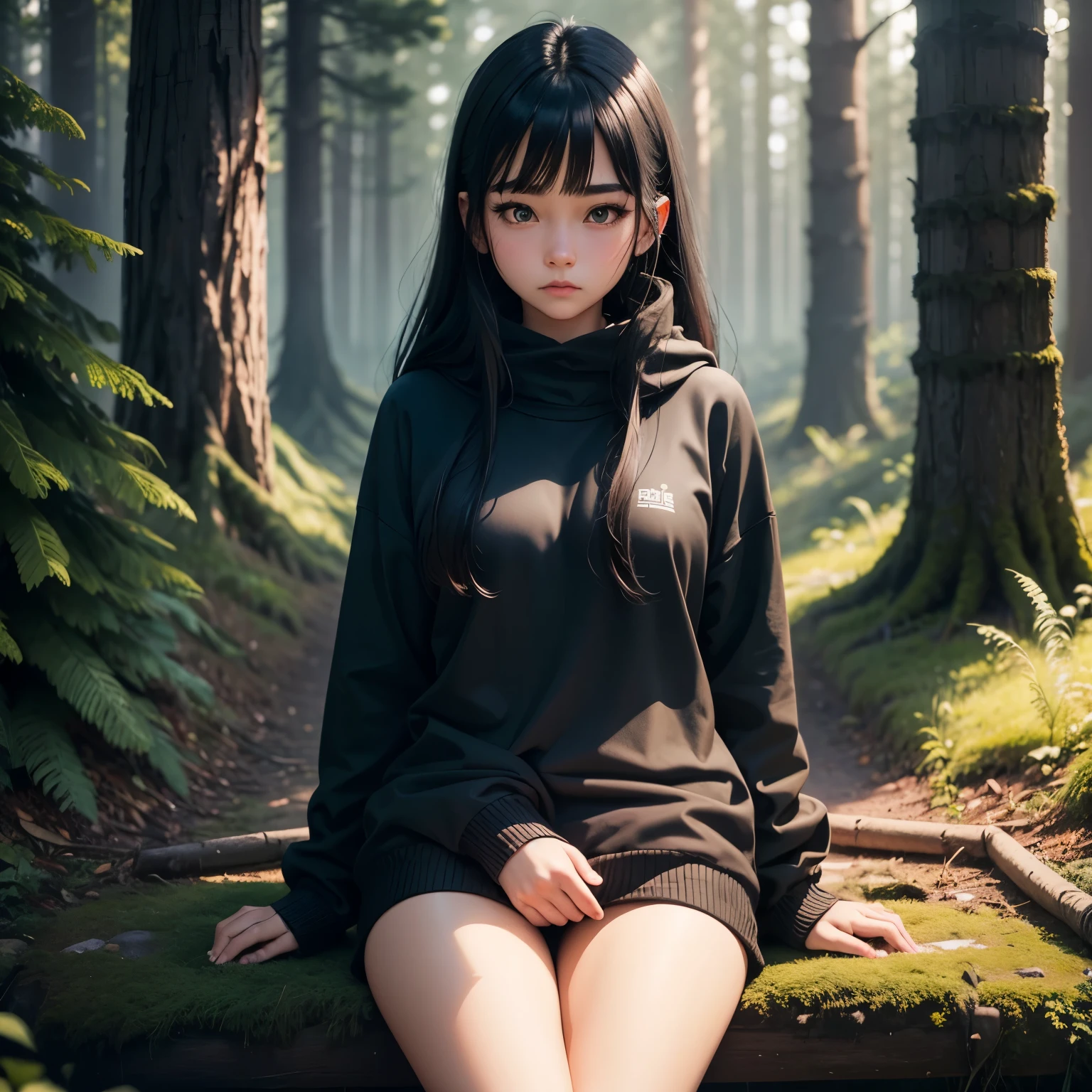the dark forest, thick spruce, fire burning, There was a girl sitting next to her, She looked dissatisfied, black hair, Black sweatshirt, The girl is drawn in anime style