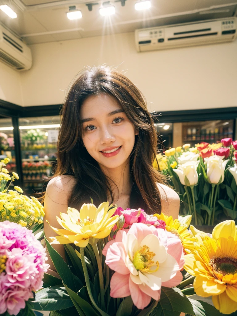a dream girlfriend, Flower shop owner, youthful charm, beautiful flower shop background, Warm depictio, Super high saturation, bright and vivid colors, Smile, high details, super detail, highres, (best quality, masterpiece, Representative work, official art, Professional, 8k:1.3)