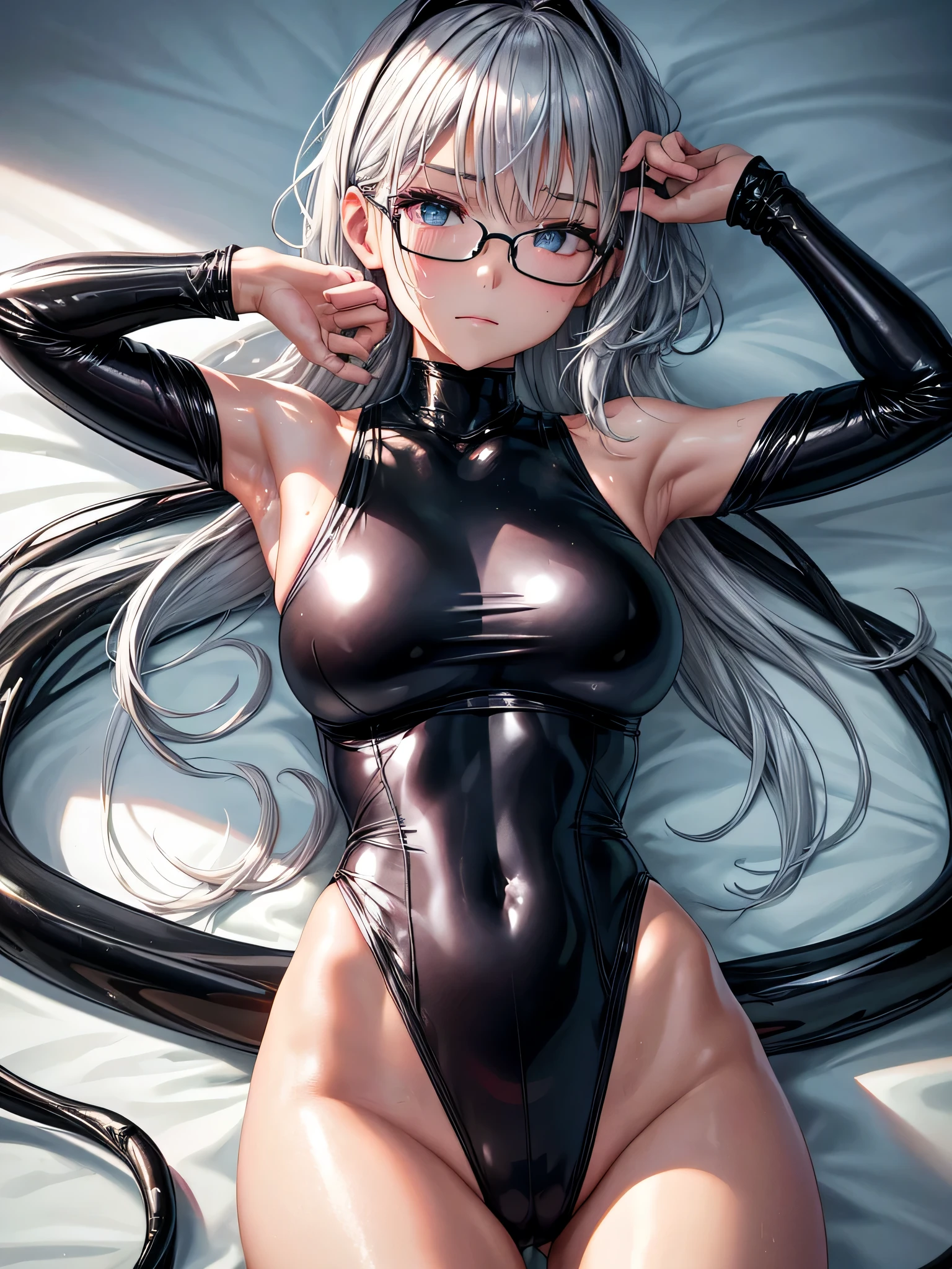 Top quality 8K UHD、pieces fly、cute eyes、silver hair、Glasses、Glossy black competition swimsuit、Black latex high neck swimsuit、black metallic high neck swimsuit、Glasses、short hair、Glassesをかけた短髪のsilver hair美女、wet skin、Hands are placed on the head