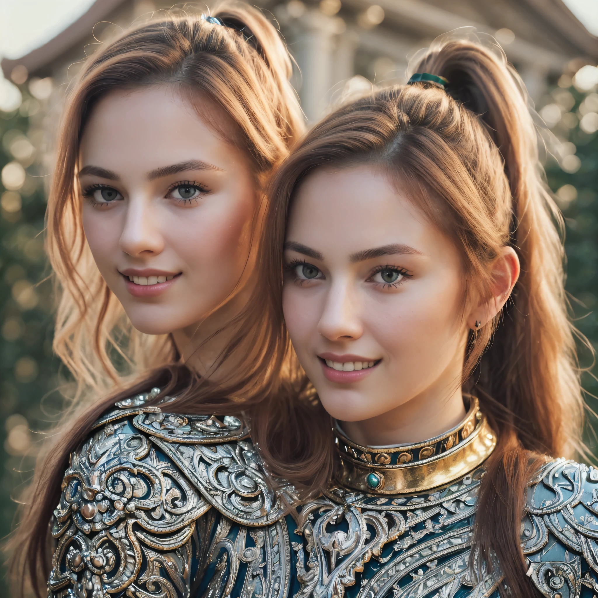 (8k, best quality:1.2), (masterpiece:1.37), (photo, photoactual:1.37), (ultra high resolution), Face Focus, shot From Front, close up, slow motion, Female paladin wearing the Full body, (Light silver armor:1.2),(Ornately decorated armor), (Extremely detailed, bloom:1.5), (best quality, Alessandro Casagrande, Greg Rutkoski, Sally Mann, concept art, 4K), (simulation:1.2), (high sharpness), (detailed student:1.1), detailed Face and eyes, sexy smile, masterpiece, best quality, (highly detailed photo:1.1), (long golden hair, blue eyes, ponytail, ecstatic:1.1), (young woman:1.1), sharp, actual, Real Shadow, 3D, (temple background:1.2), (Michelangelo), photographed by Canan EOS R6, 135mm, 1/1250 seconds, F/2.8, ISO 400