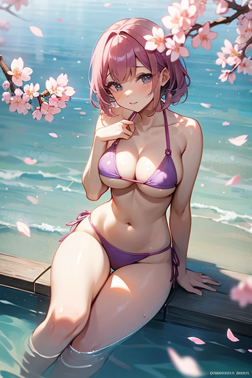 Flowers bloom by the water、weeping cherry blossoms、(Cherry blossom petals floating on the surface of the water:1.5)、water reflection!!!!!、complex, fascinating and fascinating、sexy pose、((tiny bikini))、beautiful female body、fantastic and fantasticな雰囲気、dreamy aesthetics、mysterious softness、soft aesthetics、fantastic and fantastic、fantastic and fantasticなスタイル、fantastic and fantastic、(((very big boobs)))、beautiful leg style、((pink water surface、purple water surface))