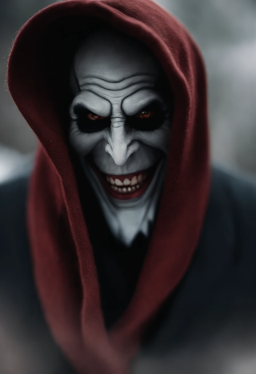 Personagem masculino de jogo de computador. Creature with eyes covered with scarf, rosto vermelho e preto, dentes afiados e grandes, evil smile and appearance inspired by Nosferatu.