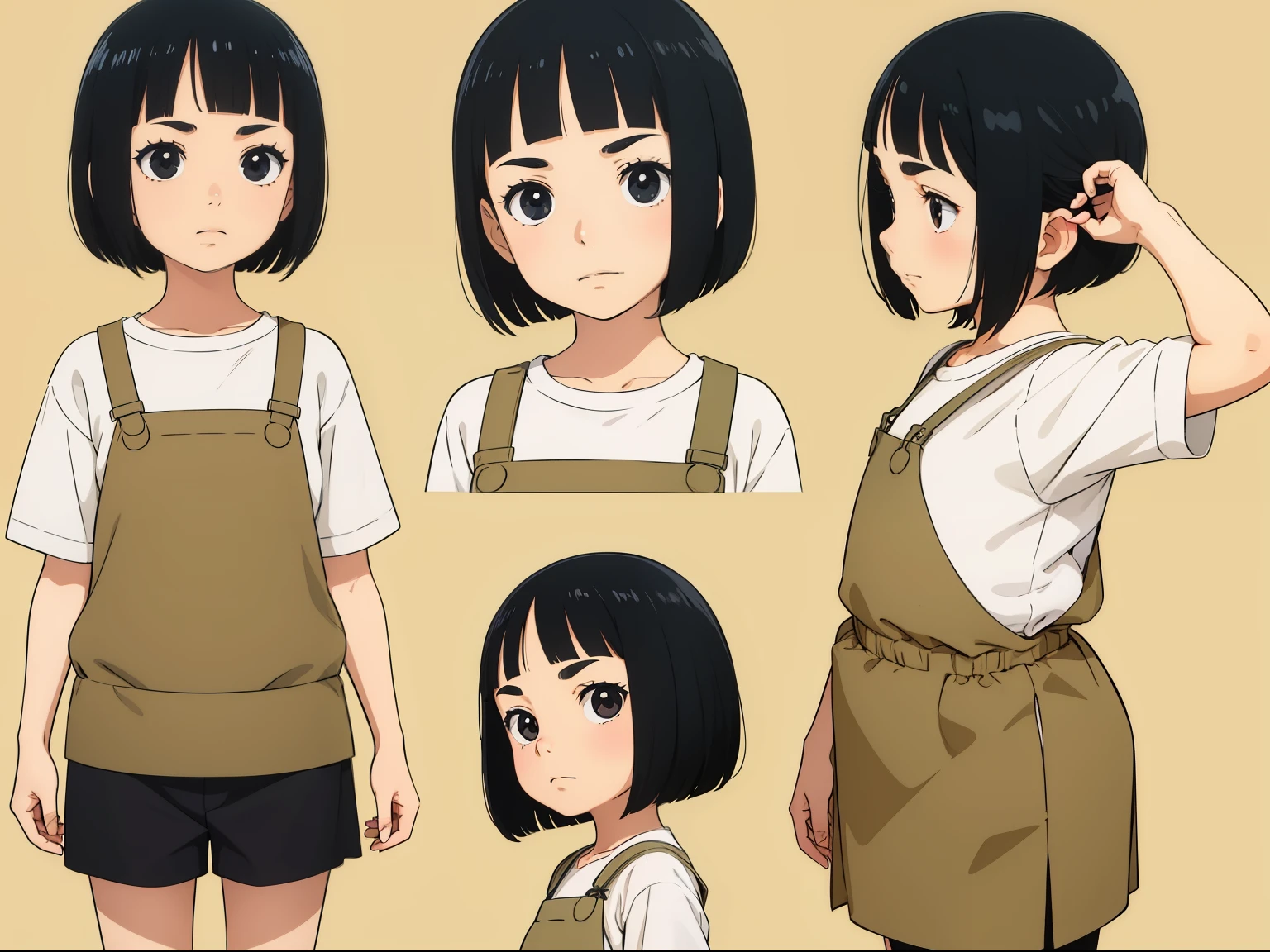 cute girl,black hair,short bob cut, character seet, Multiple pose and expressions, different angles, organizing, ghibli style, childrens book, meny character, Full body shot, hair off forehead bangs,short eyebrows, 