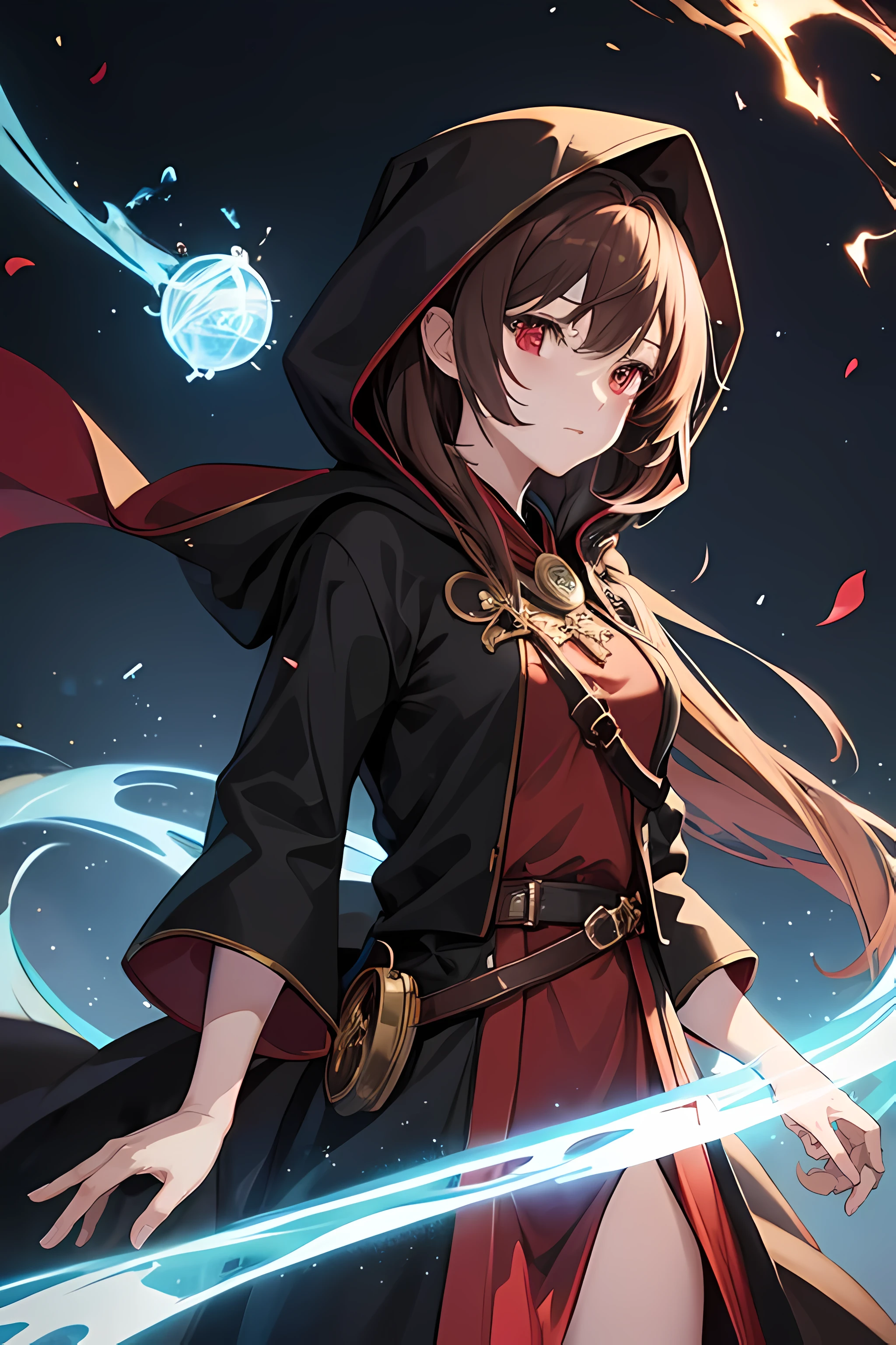 anime, 1 lady, halfelf, black mage robe, hood, red eyes, brown hair, western style, dnd style, fire, magic, magic circle, magic spark, light sparks, best hands