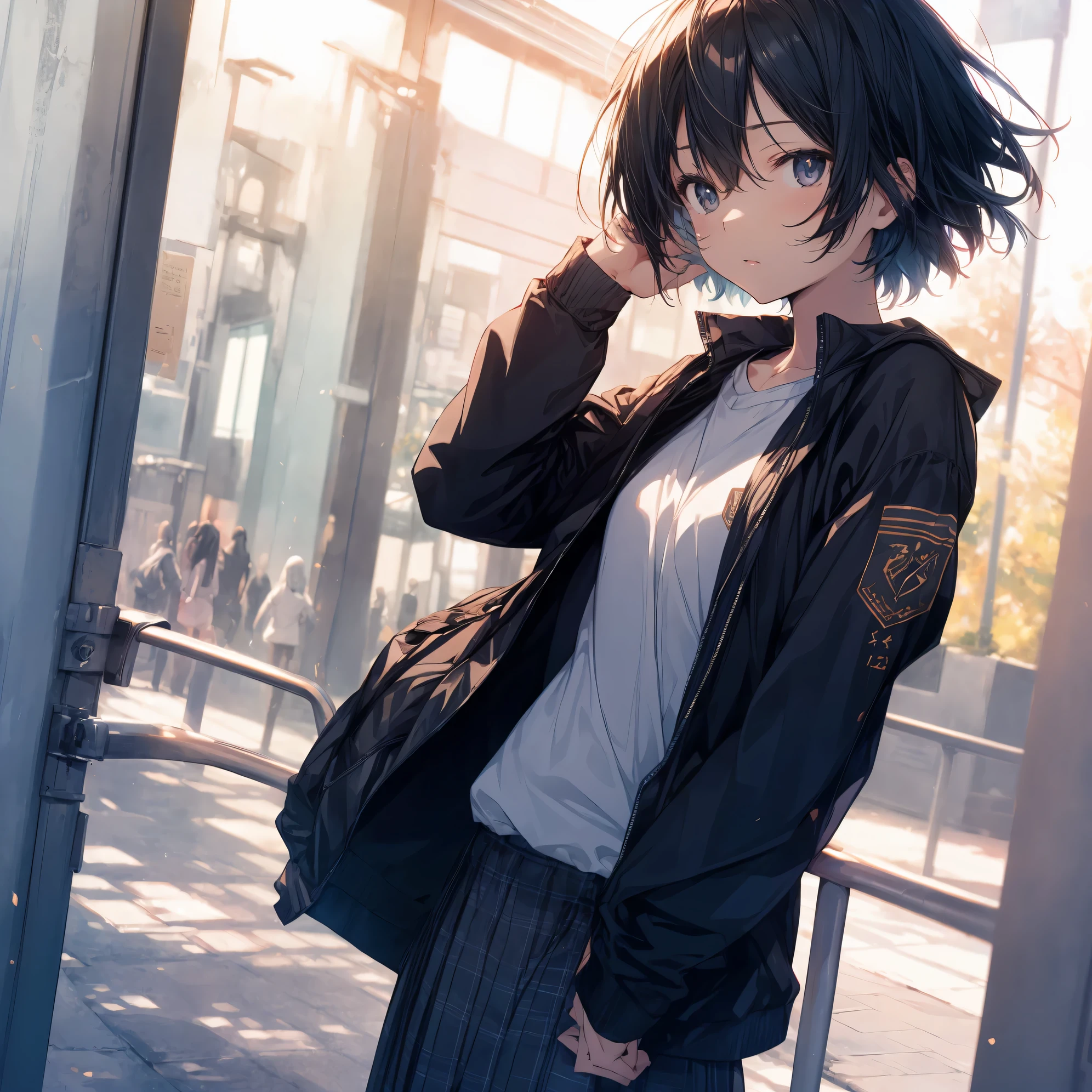 Super high quality by the art god, super detailed, High resolution, Makoto Shinkai Style, anime moe art style, best anime 8K konachan wallpaper, pixiv contest winner, perfect anatomy, break,(眠そうにalone学校へ行く女の子を描いてください. ),break, surreal high school girl, (alone,change, child,:1.3),All limbs, full finger,Middle schoos charm, ((very short hair)), messy hair, flat chest, small ass, between legs, Small black eyes,beautiful and fine eyes, Well-proportioned iris and pupils, disgusted eyes, High resolutionの詳細な髪, school uniform, (skirt), On the way to school. break,super dense skin, Best lighting by famous artists, 8K, figure,