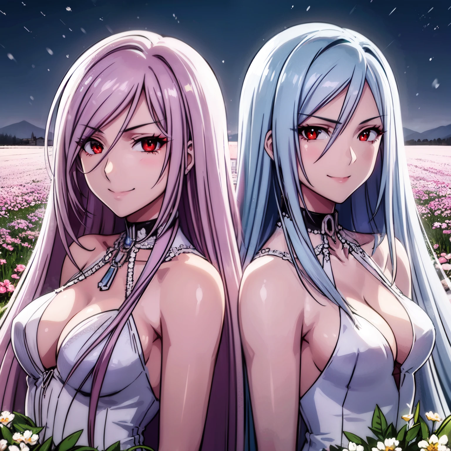 ((two Girl)), 32 years old, The girl on the left has long silver hair and red eyes with slit pupils, The girl on the left wear a Wedding Dresses, The girl on the right has long pink hair and bright green eyes with slit pupils, The girl on the left wear a Wedding Dresses, back to back, cropped torso upper body, (light_Smile:1.5), ((Meadow with a view of a small church)), ((snowstorm of flowers)), light ray, The sky is beautiful,