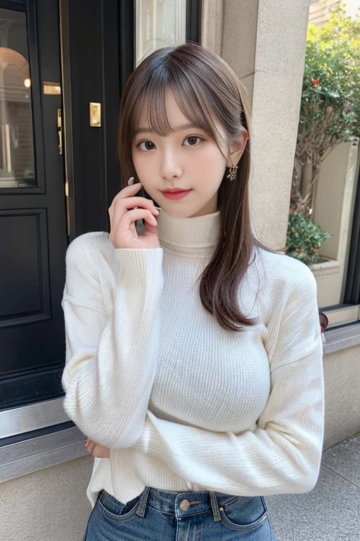1gir, (8K、highest quality、highest quality、masterpiece、ultra high resolution、perfect body shape:1.4、big boobs、big ass、carefully crafted face, (carefully made hands)、skin texture),Full body Esbian、Mr.々sexy pose、Gravure idol、(cute teenage sister)、(turtleneck)、(jeans)、