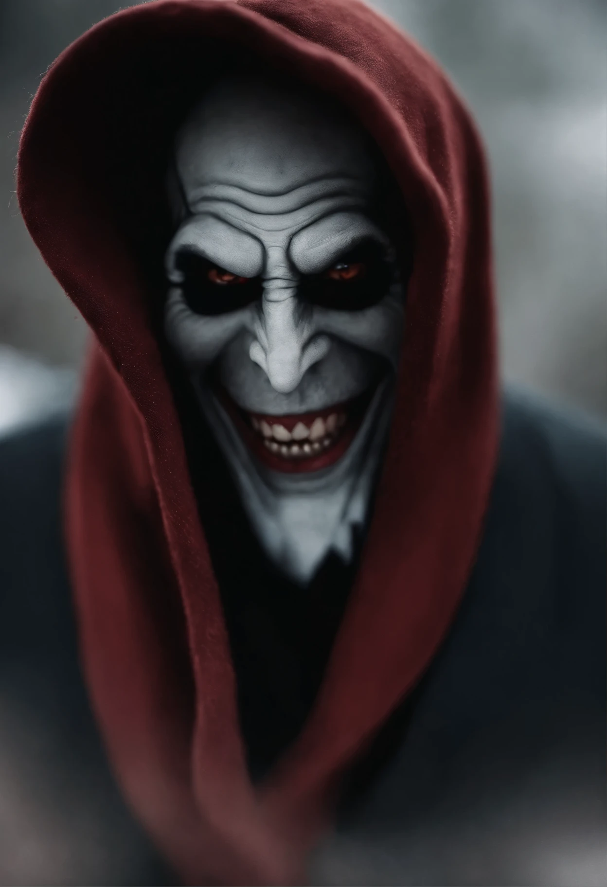 Personagem masculino de jogo de computador. Creature with eyes covered with scarf, rosto vermelho e preto, dentes afiados e grandes, evil smile and appearance inspired by Nosferatu.