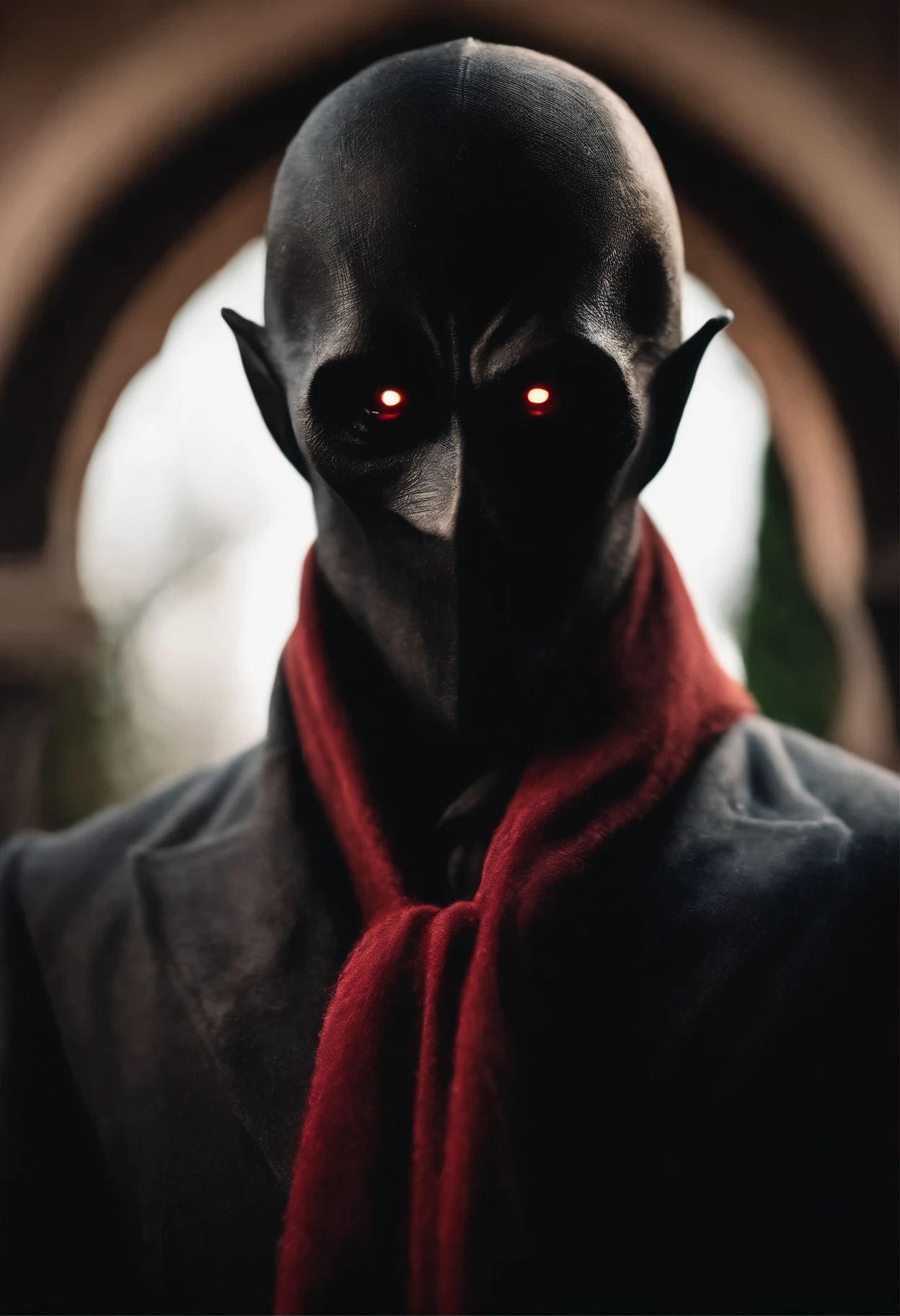Personagem masculino de jogo de computador.  Creature with eyes covered with scarf, rosto vermelho e preto, dentes afiados e grandes, evil smile and appearance inspired by Nosferatu. 