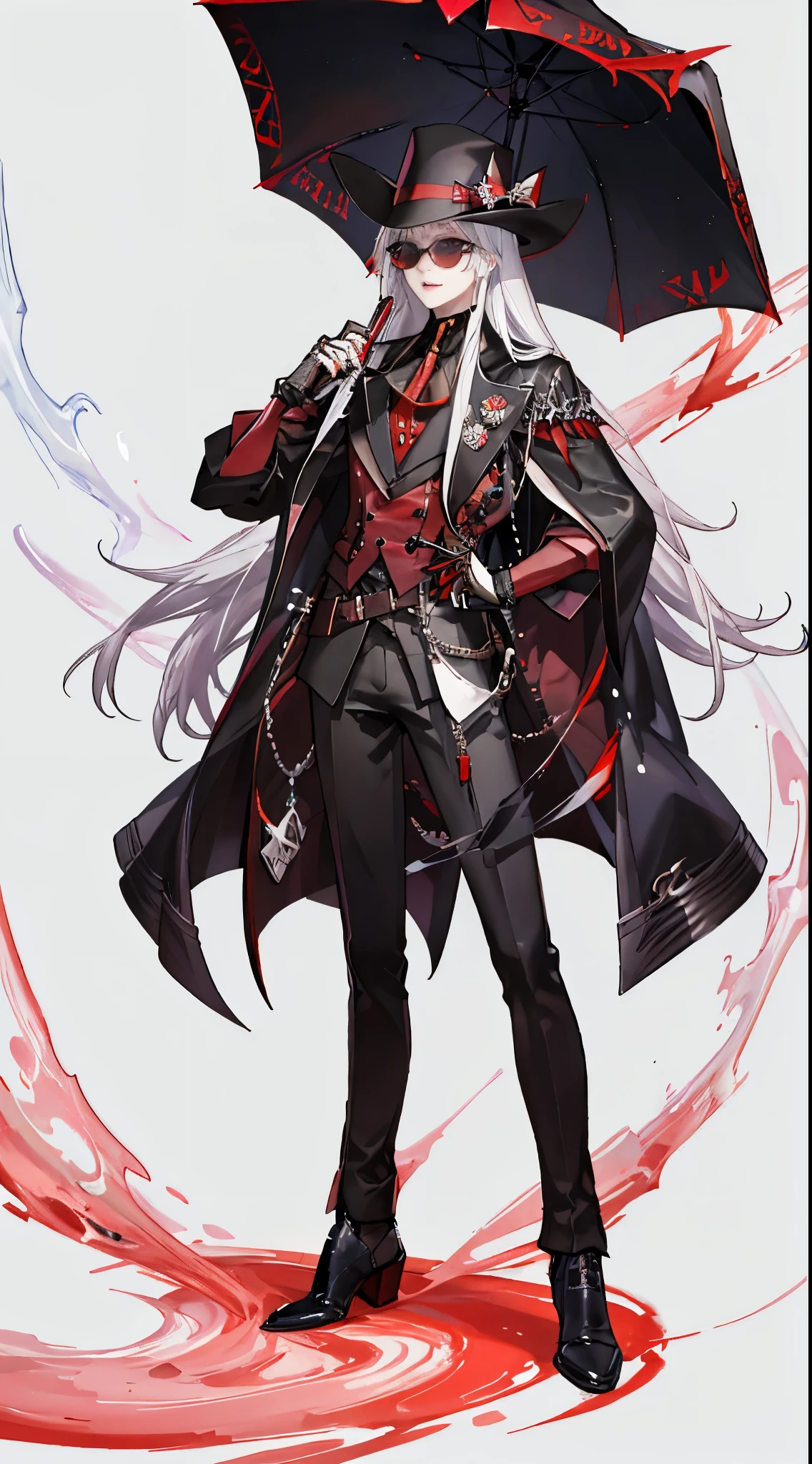 scientific fiction, A fearsome vampire elder holds an umbrella, longo manto preto, cabelos pretos longos, Vibrant Red Sunglasses, sorriso assustador, fedora preto,realistico e bem detalhado
