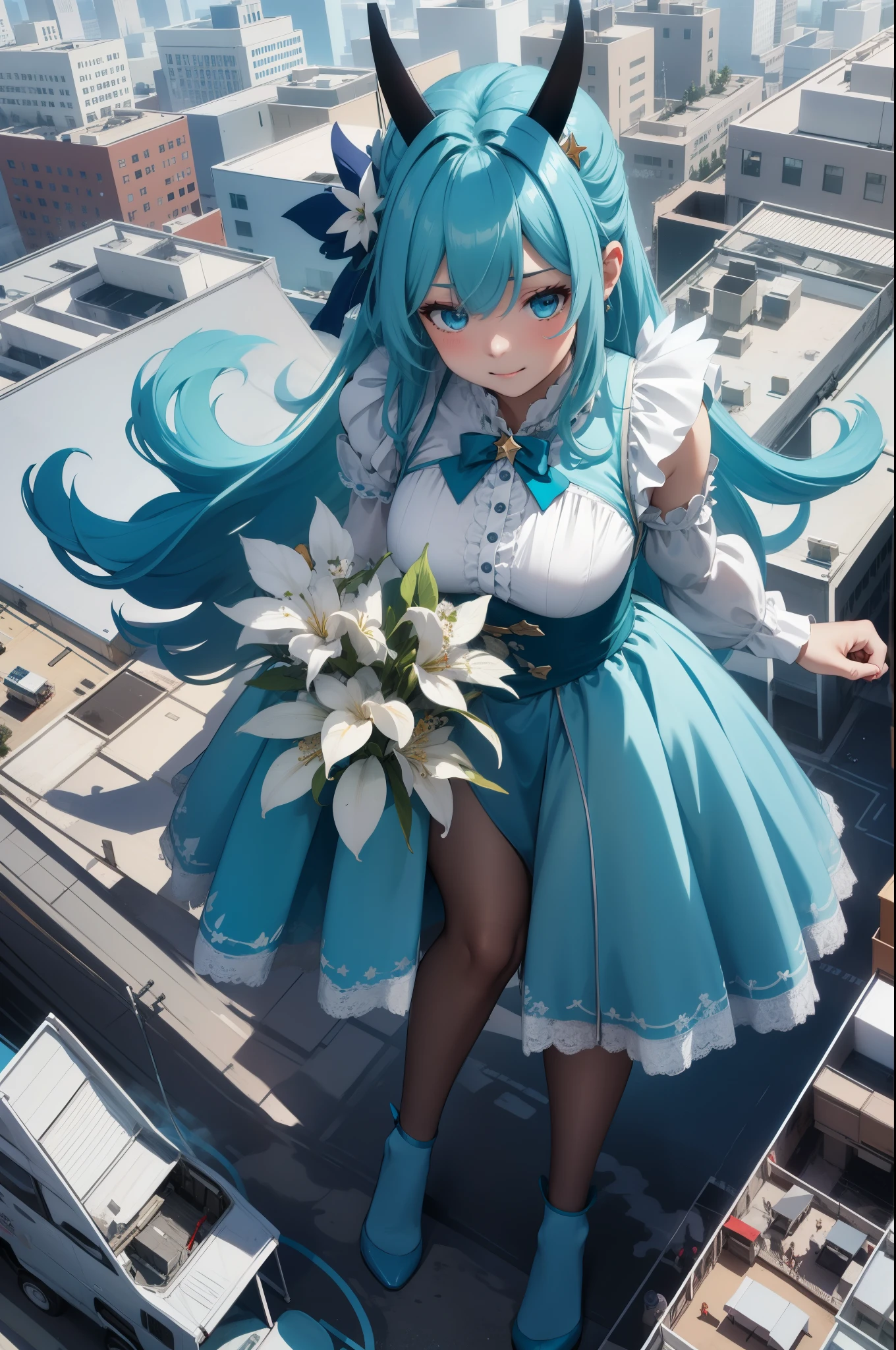 Aerial View,giant girl 50,000 feet high,Weight 1000kg,Has a pair of huge blue angel wings,With huge devil horns on his head,Has waist-length blue hair,loose hair,Blue wavy hair,cyan crown,Wearing a pair of cyan Mary Jane high heels,cyan lace gloves,Cyan lace pantyhose,Pantyhose with bow and star decorations,青色蕾丝whole body,Standing upright on a small city,Beautiful appearance,Exquisite makeup,quality,8k,高quality,Perfect proportion, Cinema lighting,film grain,Fuji colors,8k,textured skin,Super details,high detail,high resolution,fake smile,blood stains,脚底有blood stains,whole body,Obese,feather