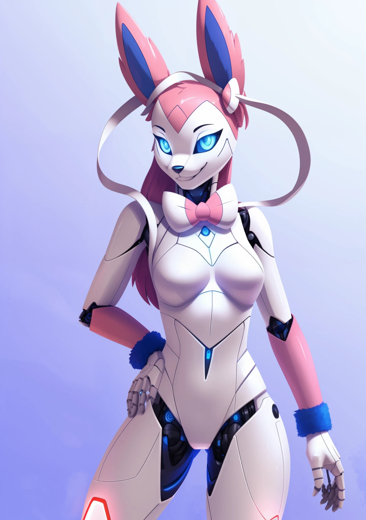 no humans, furry, anthro, sylveon, symmetric, full body, android seams, mechanical joints, fluorescent fur, white body, white skin, glowing markings, glowing edges, furry female, (body fur, furry body:1.4), anthro, solo, (best quality, masterpiece:1), detailed, sultry pose, looking at viewer, smile, plain background