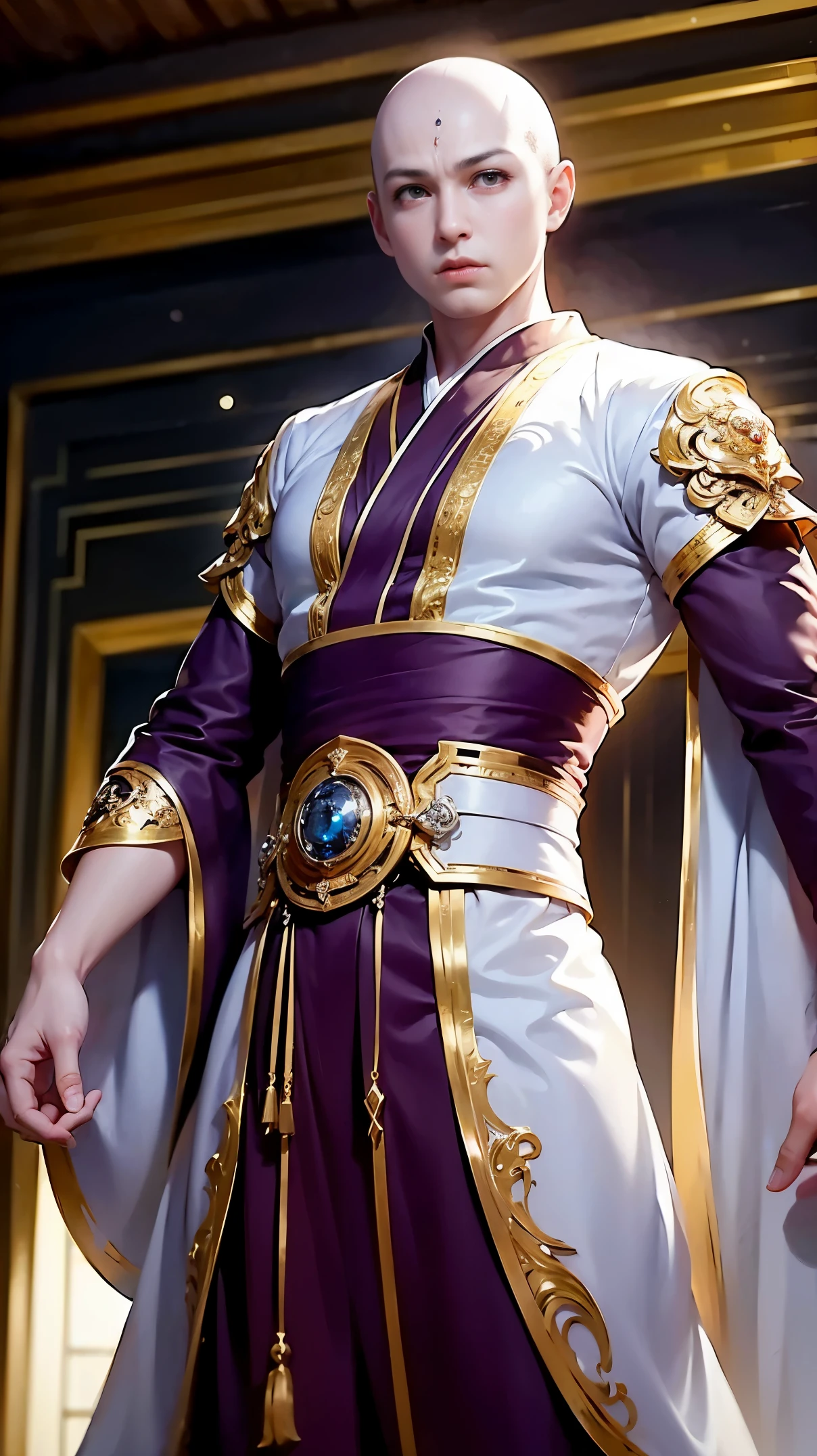 ((masterpiece)), HD clarity, monk,stand,cloth shoes, (((( 1 person, White sleeves, bald-headed, robe)))),(((1 ager,bald-headed,monk,entire human body,tear nevus:))),(bald-headed:1.8),Cool sensation,Nature,peaceful,Childish。best quality,master painting:1.4),ultra high resolution,realistically,front lighting,intricate details,solo,(When young),looking at the audience,(Hollow pattern,White,silk),fit,VIP room,professional lighting,photon mapping,Radiosity,Physically based rendering,