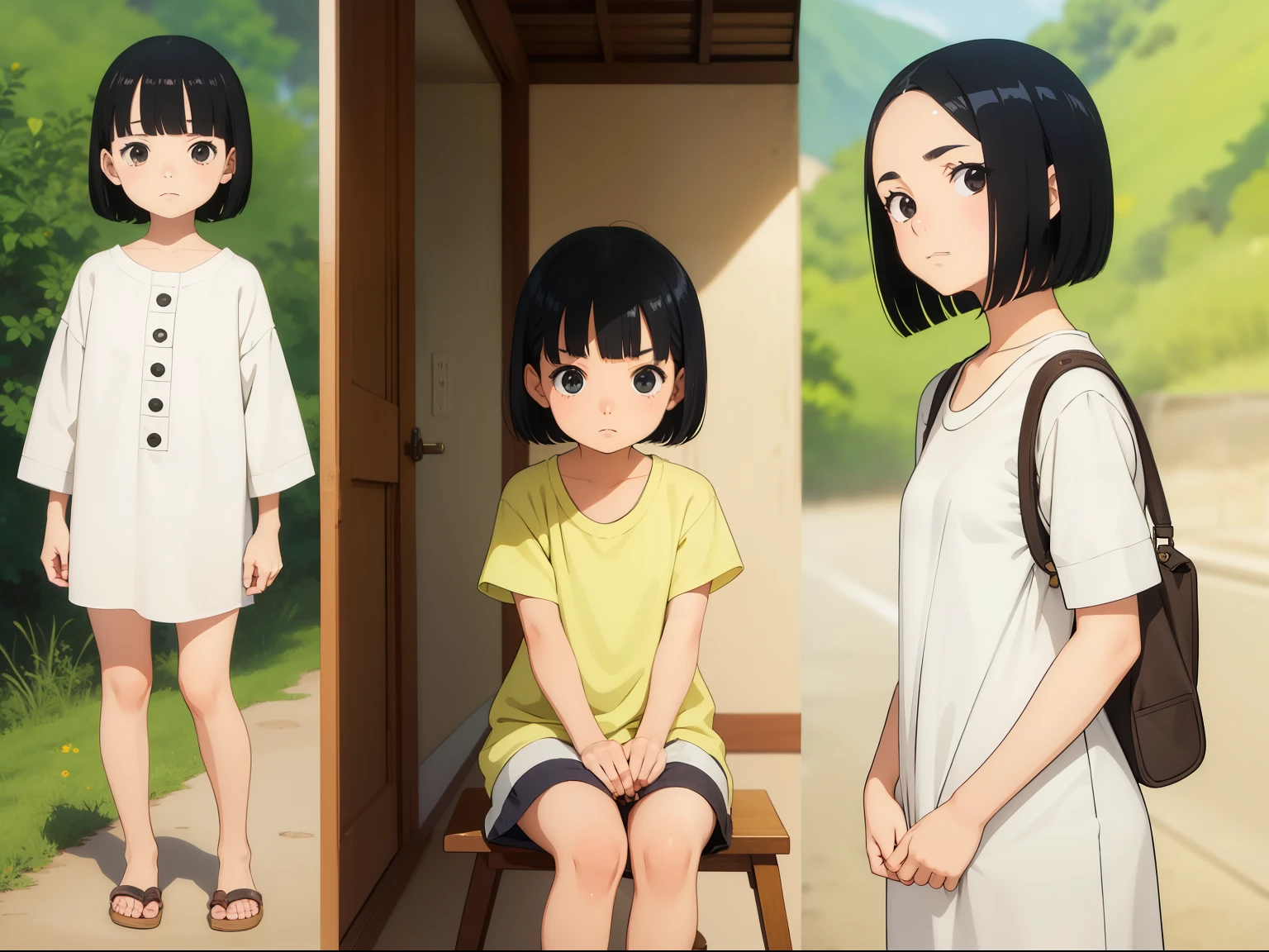 cute girl,black hair,short bob cut, character seet, Multiple pose and expressions, different angles, organizing, ghibli style, childrens book, meny character, Full body shot, hair off forehead bangs,short eyebrows,