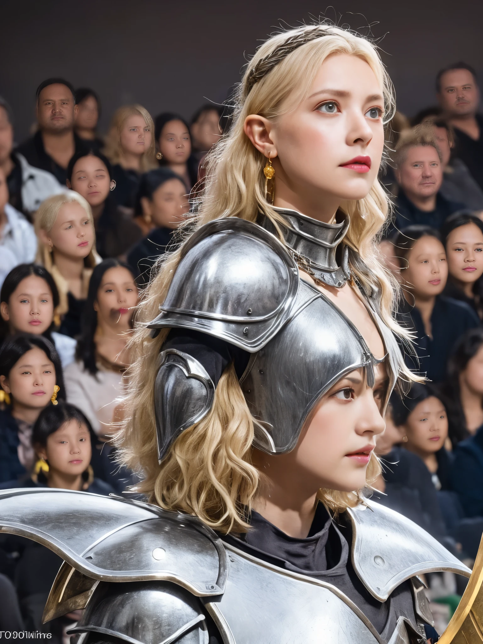 1 girl, Middle Earth Paladin ,Wearing armor ,Magic sword and powerful shield, Detail armor, Rusty armor, chain armor, Queen's Crown, Fight goblins to protect innocent villagers, witch, short, thin, square face, olive skin, platinum blonde, golden eyes, short Nose, thin Lips, round chin, Shoulder length hair, curls, blunt bangs, soft breasts, hug earrings, lavender satin lipstick, volcanic wasteland, River of fire flows into molten sea, (close up:1), (look at the audience),8k, (best quality:1.2), (masterpiece:1.37), (photo, photorealistic:1.37), (ultra high resolution), photographed by Canan EOS R6, 135mm, 1/1/2.8, ISO 400