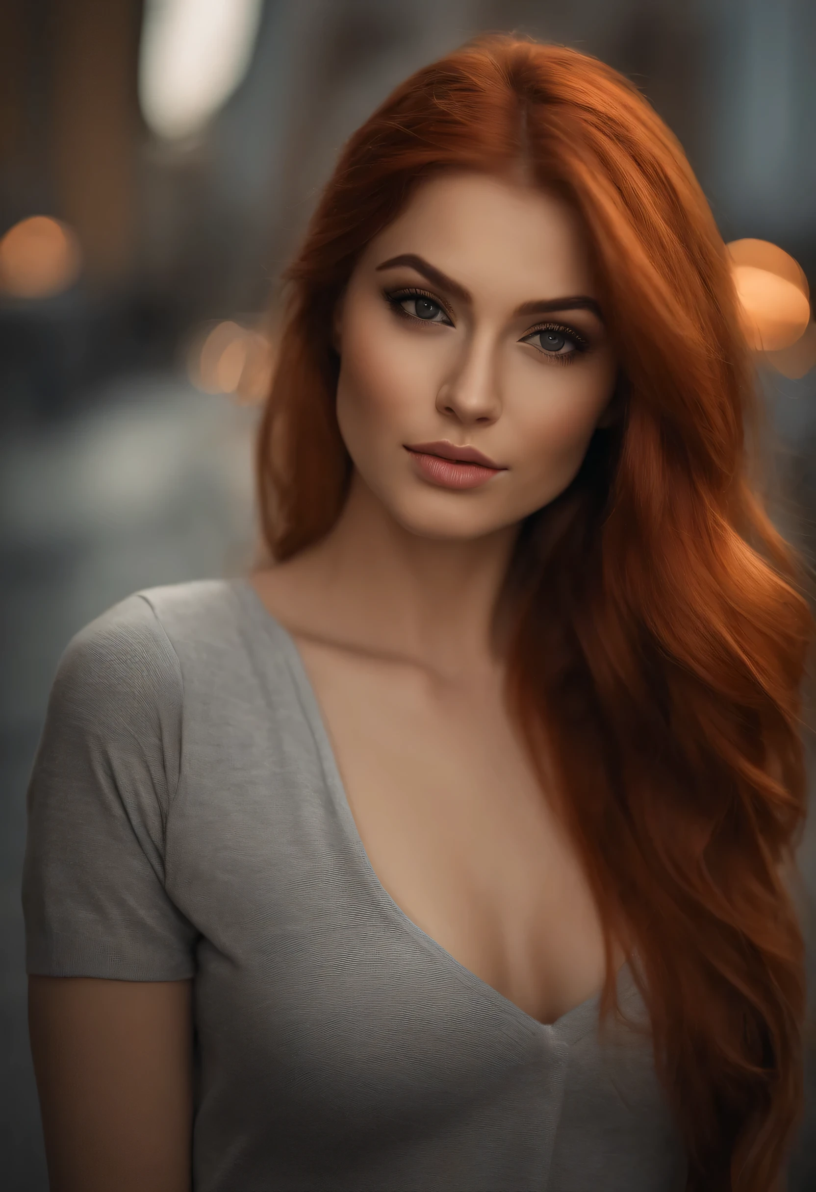 professional, (4k photo:1.1) by (Jeremy Lipking:0.3), (Arian Mark:0.3), (Sharp focus:1.3), high detail, wearing (tight shirt:1.2), beautiful detailed face, an attractive woman with long red hair looks into the camera, looking like actress Katherine McNamara, panasonic lumix s pro 50mm f/1.4, anne stokes, color splash, dark orange and dark emerald, ferrania p30, hyper photo realistic, (attractive young woman:1.3), (seductive:1.1), (blushing:1.1), hourglass body shape, big round breasts, wide hips, in background city, taking selfie, wearing jumper