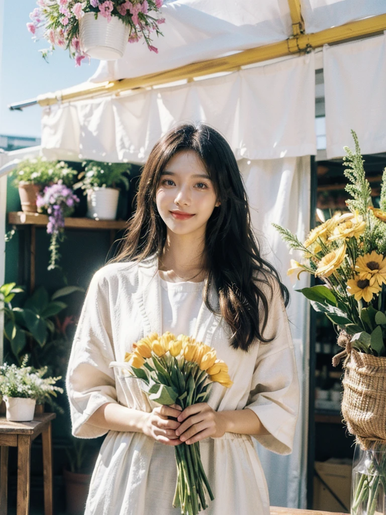 a dream girlfriend, Flower shop owner, youthful charm, beautiful flower shop background, Warm depictio, Super high saturation, bright and vivid colors, Smile, high details, super detail, highres, (best quality, masterpiece, Representative work, official art, Professional, 8k:1.3)