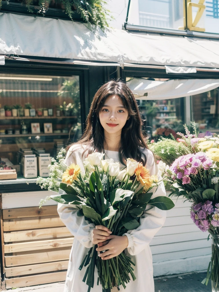 a dream girlfriend, Flower shop owner, youthful charm, beautiful flower shop background, Warm depictio, Super high saturation, bright and vivid colors, Smile, high details, super detail, highres, (best quality, masterpiece, Representative work, official art, Professional, 8k:1.3)