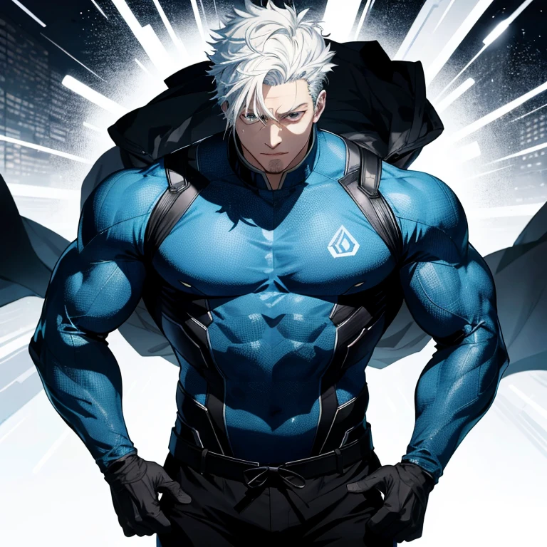 Gojo Satoru, a solo figure, boasts a resolved expression with blue eyes gleaming intensely as they focus on an unseen target. His white hair flows in the wind, adding a sense of dynamism to the scene. With his muscular build, he is an imposing figure, clad in a realistic and intricately designed Gojo Satoru suit from Jujutsu Kaisen. The suit's hyper-realistic rendering accentuates his enhanced physique, creating an impressive contrast. Every detail is captured in high resolution, from the intricate patterns on the suit to the precise lines and textures. The dynamic lighting adds depth and dimension to the scene, resulting in a masterpiece of