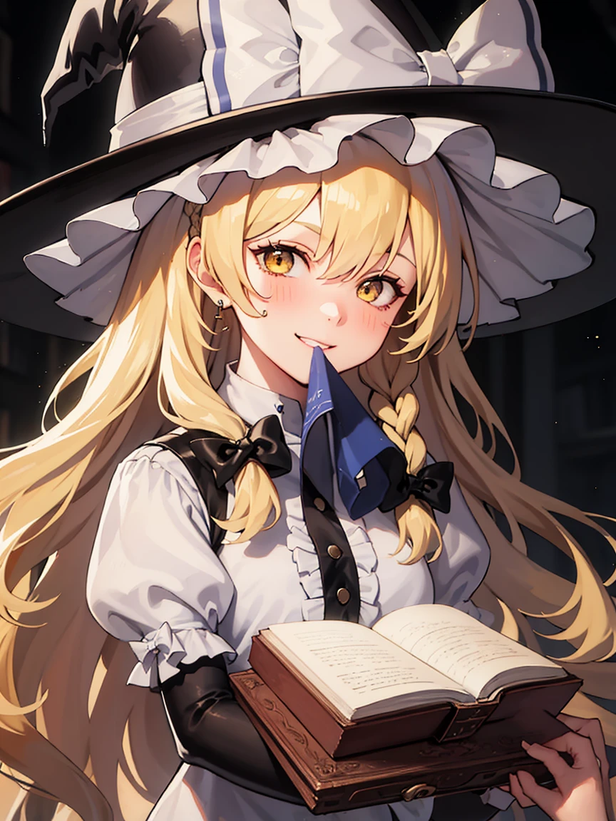 kirisame_marisa_touhou, blonde_hair, long_hair, hat, witch_hat, bow, yellow_eyes, braid, single_braid, hat_bow, smile, hair_bow, white_bow, bangs, black_headwear
BREAK 
(nose blush), smile
BREAK
Masterpiece, best quality, high resolution, 8K, official art, super resolution, extremely detailed and beautiful, extremely detailed, amazing and detailed, highly detailed beautiful girl, highly detailed face, highly detailed eyes, highly detailed skin, highly detailed fingers, highly detailed nose, very detailed mouth, perfect anatomy
BREAK
Huge library, many bookshelves, luxurious mansion, extremely detailed CG unity 16k, very fine 16KCG wallpapers