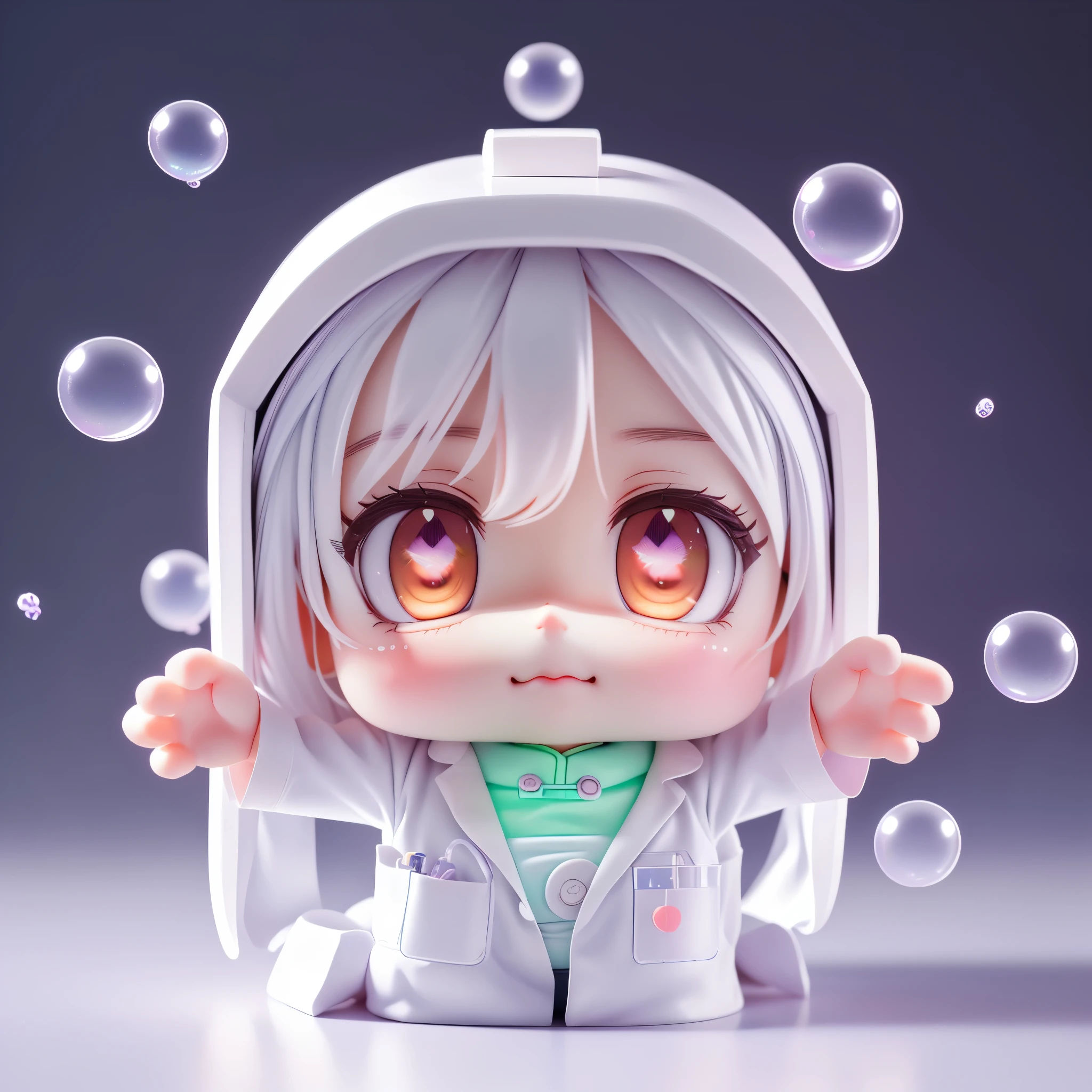 Super Lovely girl full body 3d drawing, 1pc, nice eyes, big eyes, Lovely, happy, c4d, pop matte blind box, glow的气泡, Toy, solid color background, chibi, Fluorescent translucent, glow, kawaii, Toy娃娃, ((((Home, white lab coat))), Reference table, Bubble Mart Blind Box, Pixar, intricate details, 3d rendering, mixer, Overclocked renderer, 身体Reference table, dribbble , high detail, 8k, studio lighting, Change, small, child, chibi, SD character: 1.1, magic lab background