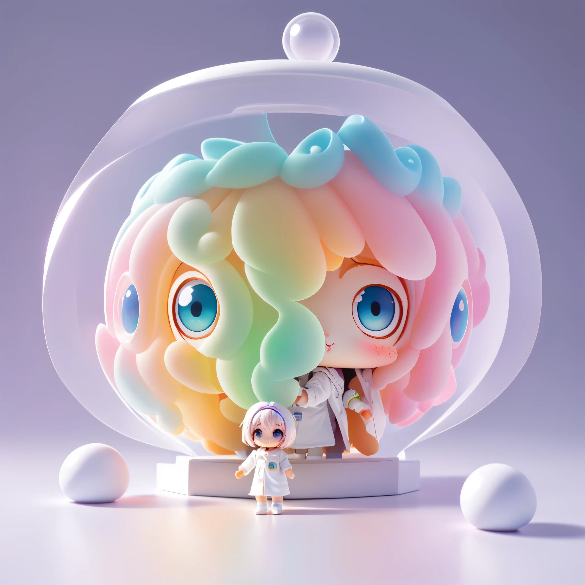 Super Lovely girl full body 3d drawing, 1pc, nice eyes, big eyes, Lovely, happy, c4d, pop matte blind box, glow的气泡, Toy, solid color background, chibi, Fluorescent translucent, glow, kawaii, Toy娃娃, ((((Home, white lab coat))), Reference table, Bubble Mart Blind Box, Pixar, intricate details, 3d rendering, mixer, Overclocked renderer, 身体Reference table, dribbble , high detail, 8k, studio lighting, Change, , childbi, SD character: 1.1, magic lab background