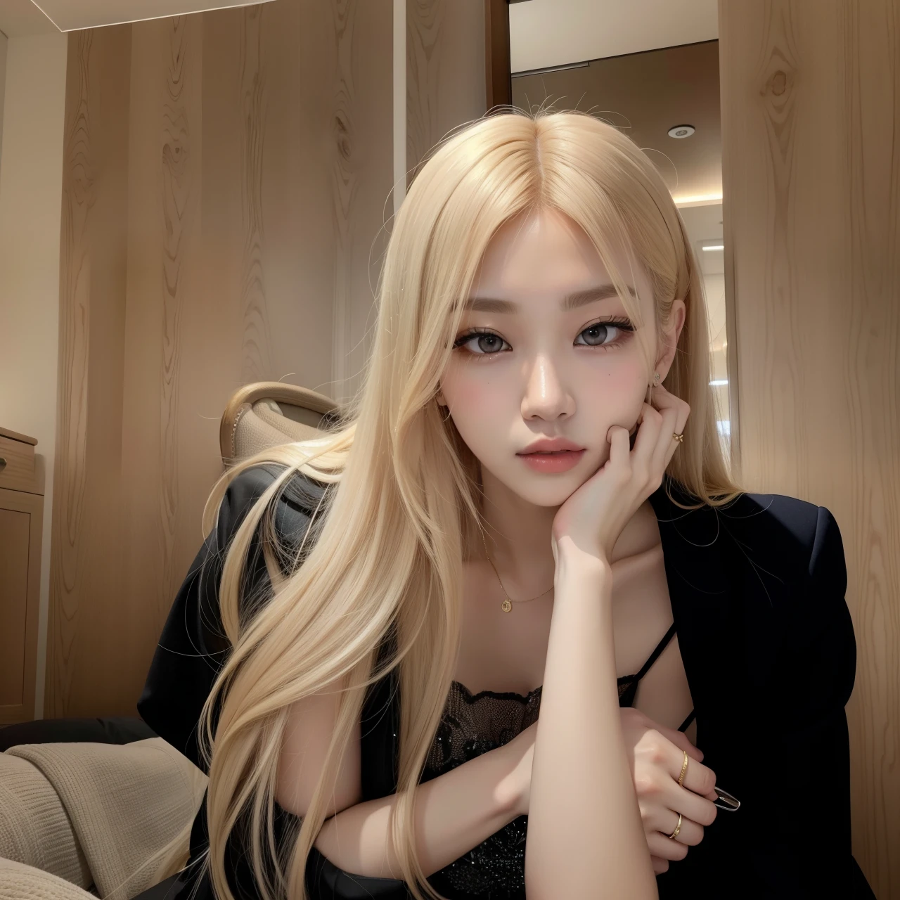Blonde woman with long hair posing for a photo in a hotel room, parque roseanne de blackpink, portrait of jossi de blackpink, jossi de blackpink, jia, muchacha coreana, heonhwa choe, Lalisa Manobal, Jinyoung Shin, con pelo largo y rubio, hermosa mujer surcoreana, Lalisa Manoban de Blackpink, korean idol