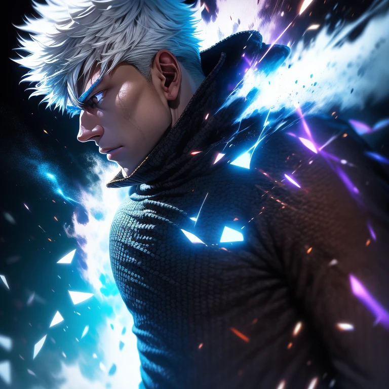 Gojo Satoru, a solo figure, boasts a resolved expression with blue eyes gleaming intensely as they focus on an unseen target. His white hair flows in the wind, adding a sense of dynamism to the scene. With his muscular build, he is an imposing figure, clad in a realistic and intricately designed Gojo Satoru suit from Jujutsu Kaisen. The suit's hyper-realistic rendering accentuates his enhanced physique, creating an impressive contrast. Every detail is captured in high resolution, from the intricate patterns on the suit to the precise lines and textures. The dynamic lighting adds depth and dimension to the scene, resulting in a masterpiece of