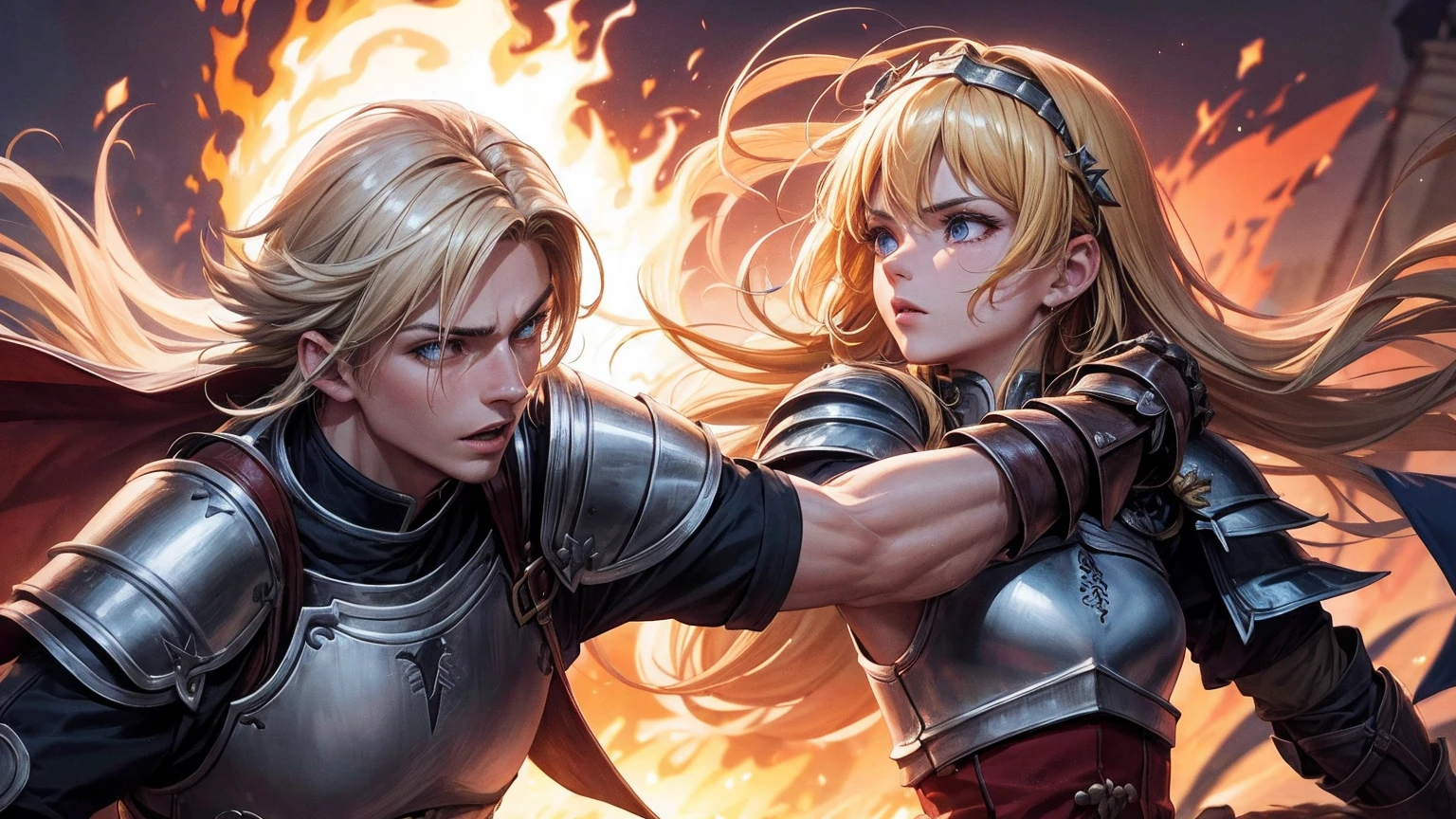 masterpiece,8k,best quality,ultra detailed,ultra highres,(((1 short haired Male paradin))), (((1 long haired Female knight))),(swinging a fire sword),(rage:0.6),(((upper body shot))),blonde hair, blue eye, straight hair,(fire:1.1),(((Burning-Edge:1.4))),(sunrise),(((arena))), (Shimmering Nightscapes), (full lips:1.2),(Radiant Flares:1.2), (((run:1.2))), (((speed lines:1.2))), (((duel:1.2))), (((gladiator))