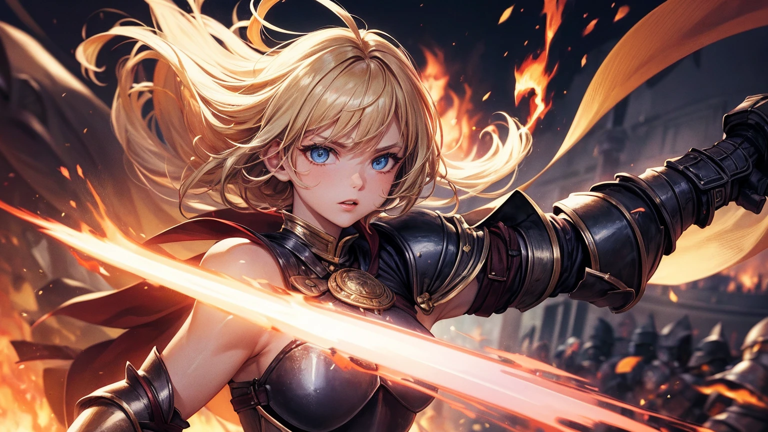 masterpiece,8k,best quality,ultra detailed,ultra highres,(((1 short haired Male paradin))), (((1 long haired Female knight))),(swinging a fire sword),(rage:0.6),(((upper body shot))),blonde hair, blue eye, straight hair,(fire:1.1),(((Burning-Edge:1.4))),(sunrise),(((arena))), (Shimmering Nightscapes), (full lips:1.2),(Radiant Flares:1.2), (((run:1.2))), (((speed lines:1.2))), (((duel:1.2))), (((gladiator))