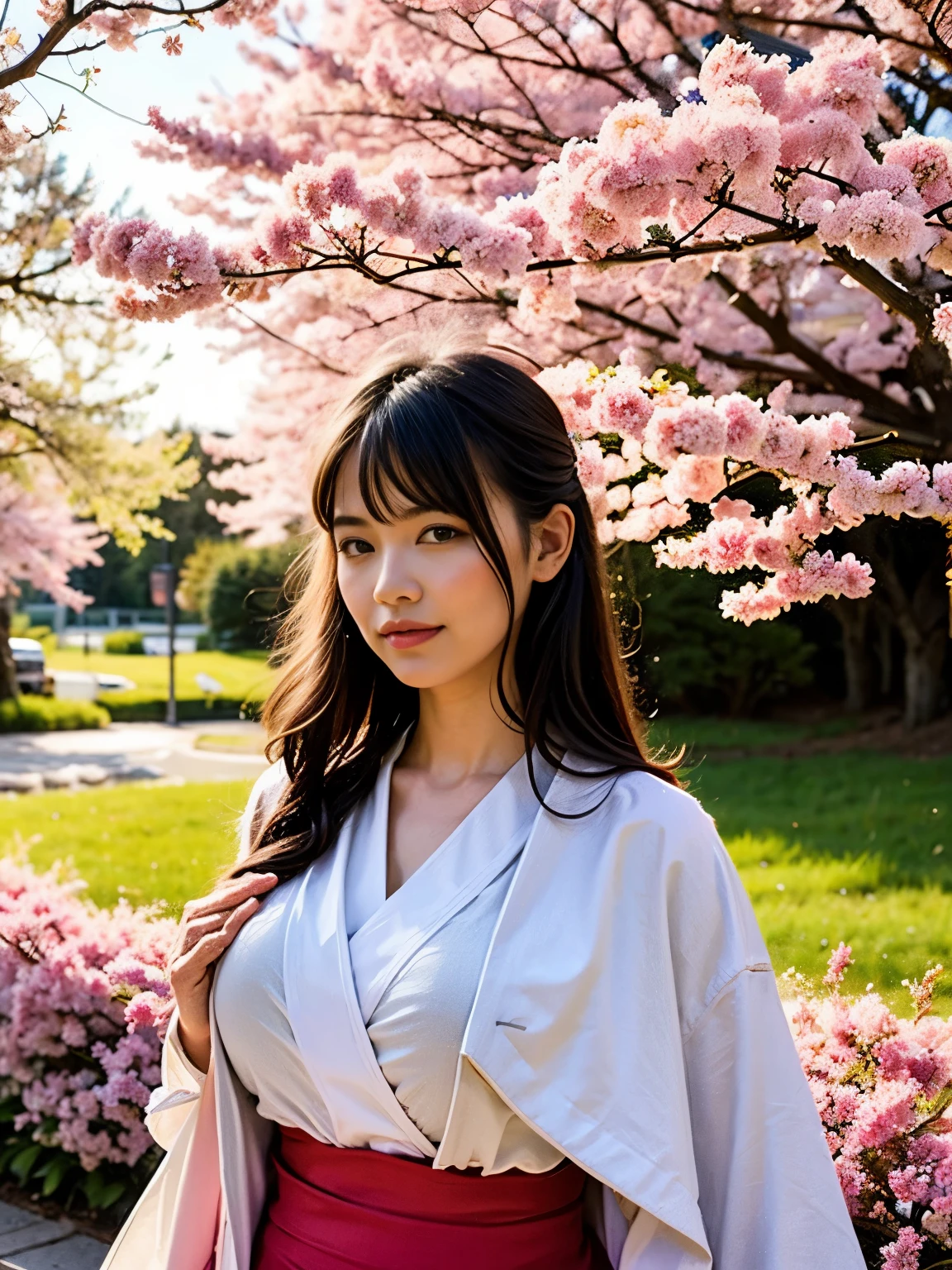 1 girl,black hair, flowing hair, rib,landscape,landscape,cherry blossoms, falling petals, Sunlight,god&#39;s rays,Upper body,  color,robe,kimono