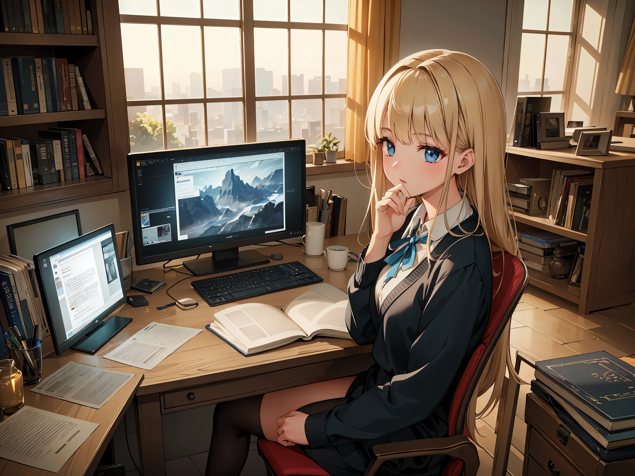 (8K, RAW photo, highest quality, masterpiece: 1.2), High-definition RAW color photo, professional photography, cinematic light, alone, (((young woman, gal))), A girl studying in front of a machine, An illustration, modern computer equipment, beautiful detailed eyes, beautiful detailed lips, highly detailed eyes and face, long eyelashes, serious expression, Intense concentration, bookworm, Meticulously drawn books and notebooks, Thoughtful atmosphere, creative desk setup, highest quality, 4k, High resolution, masterpiece:1.2, Super detailed, real:1.37, HDR, studio lighting, professional, Bright colors, Subtle warm tones, soft natural light,