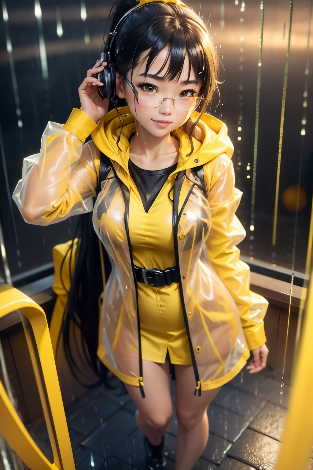 A woman in a yellow raincoat is standing on a platform - SeaArt AI