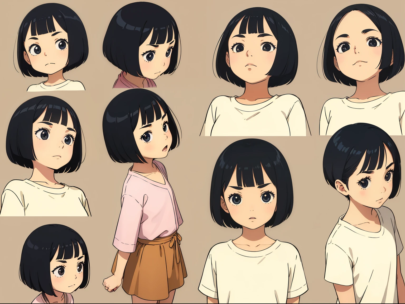 cute girl,black hair,short bob cut, character seet, Multiple pose and expressions, different angles, organizing, ghibli style, childrens book, meny character, Full body shot, hair off forehead bangs,short eyebrows, child