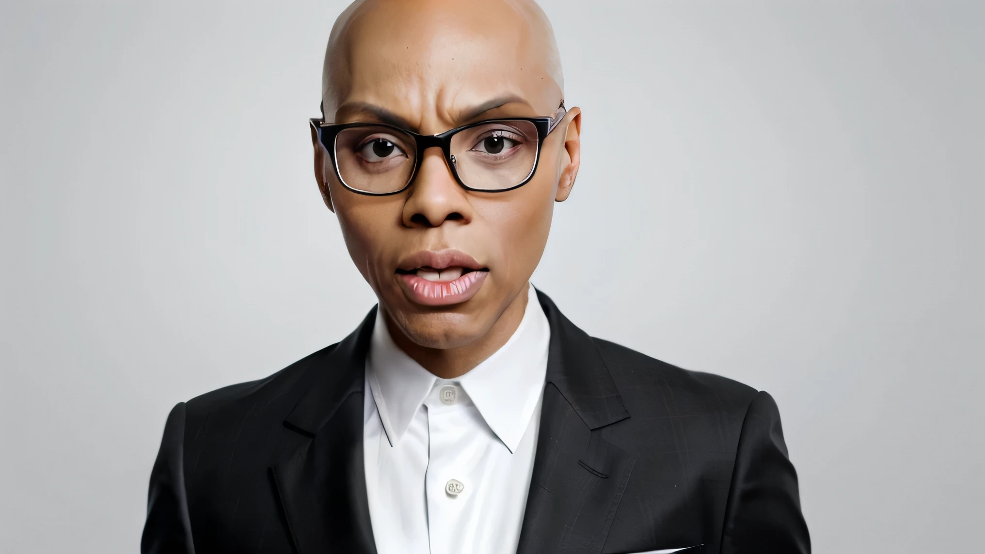 Photo realistic, RuPaul standing up out of drag, bald RuPaul in a suit with thick black glasses, RuPaul's face in pain, eyes open, teary eyed. teeth clinched, hand holding mouth like they are about to barf, sickly, mid shot, white empty plain blank white background,