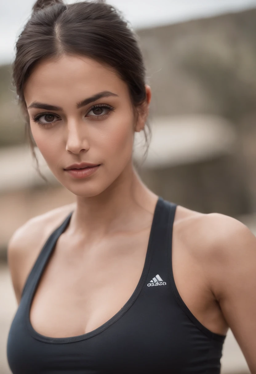 tez clara, A woman of about 29 years old Indain, no bindi, voluminous black brown hairs, black eyes, cabello rubio natural, Ojos azules distintivos, haciendo ejercicio en el gimnasio, Delgado y elegante, Beautiful, Physical Exercise Equipment and Machines, Ultra Sharp Focus, Toma realista, Ropa femenina deportiva sexy, Colores modernos