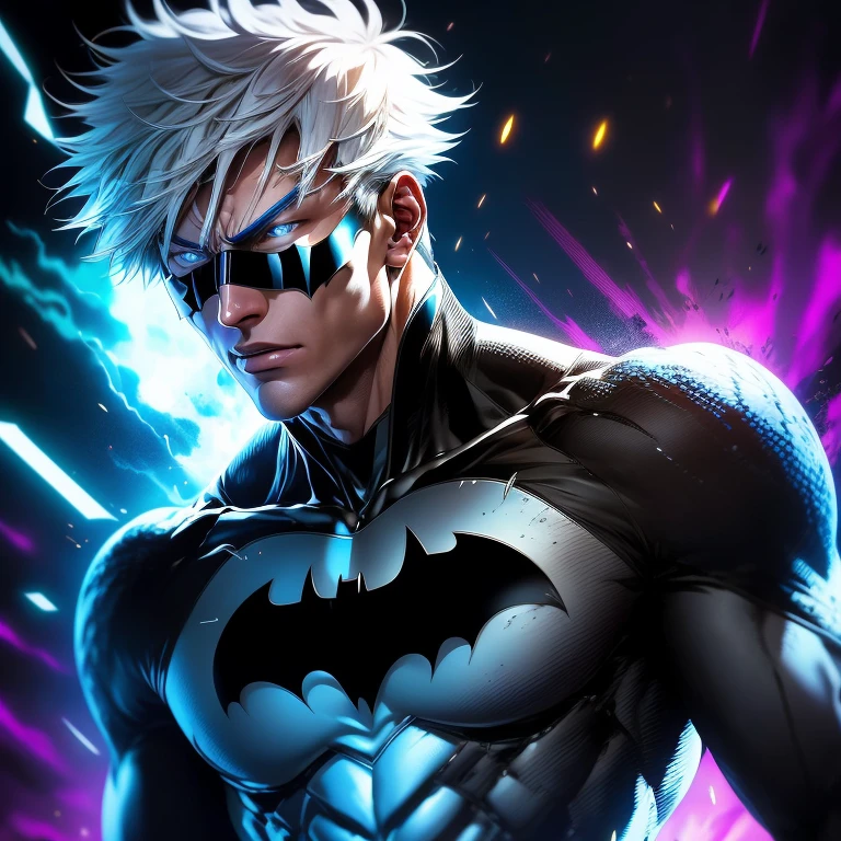 Gojo Satoru, a solo figure, boasts a resolved expression with blue eyes gleaming intensely as they focus on an unseen target. His white hair flows in the wind, adding a sense of dynamism to the scene. With his muscular build, he is an imposing figure, clad in a realistic and intricately designed Batman Beyond suit. His enhanced physique is accentuated by the oversized breasts created by the suit's hyper-realistic rendering. Each detail is captured in sharp focus, with the Batman Beyond armor's textures showing intricate designs and precise lines. The high-tech gadgets integrated into the suit add a futuristic touch, and dynamic lighting illuminates every