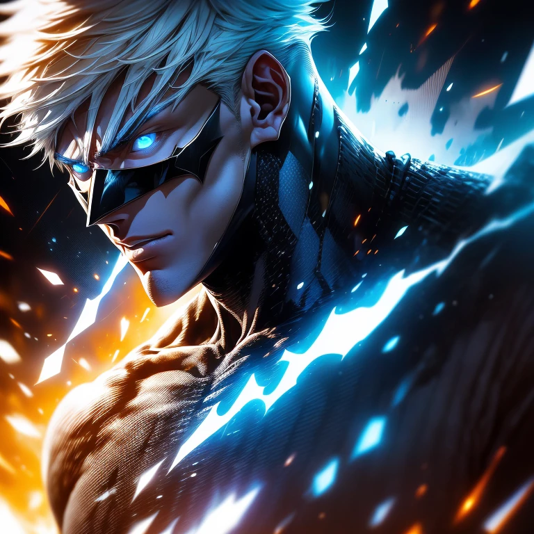 Gojo Satoru, a solo figure, boasts a resolved expression with blue eyes gleaming intensely as they focus on an unseen target. His white hair flows in the wind, adding a sense of dynamism to the scene. With his muscular build, he is an imposing figure, clad in a realistic and intricately designed Batman Beyond suit. His enhanced physique is accentuated by the oversized breasts created by the suit's hyper-realistic rendering. Each detail is captured in sharp focus, with the Batman Beyond armor's textures showing intricate designs and precise lines. The high-tech gadgets integrated into the suit add a futuristic touch, and dynamic lighting illuminates every