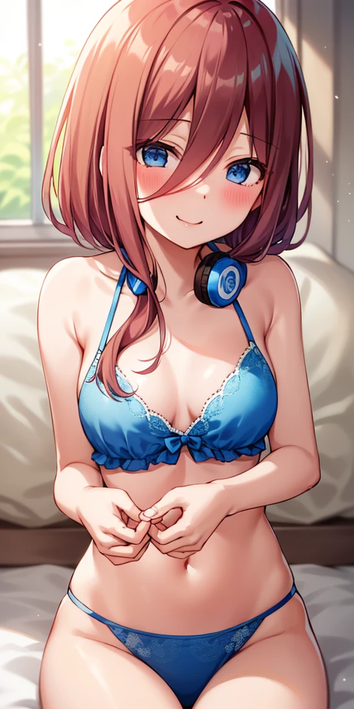 2D、masterpiece、Highest image quality、anime style、very detailed、1girl、solo、cowboy shot、miku nakano、brown hair、hair between eyes、headphones、、medium chest、cover your chest with your hands、blue thong、clavicle、Medium chest、smile、Bedroom、sit、blush