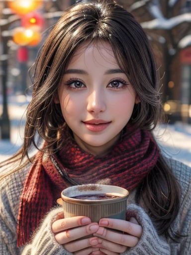 (highest quality,4K,8K,High resolution,masterpiece:1.2),super detailed,(realistic,photorealistic,photo-realistic:1.37),Dress cozy,cold snow background,gray eyes,black hair,shy,have hot chocolate,look away,far,red scarf