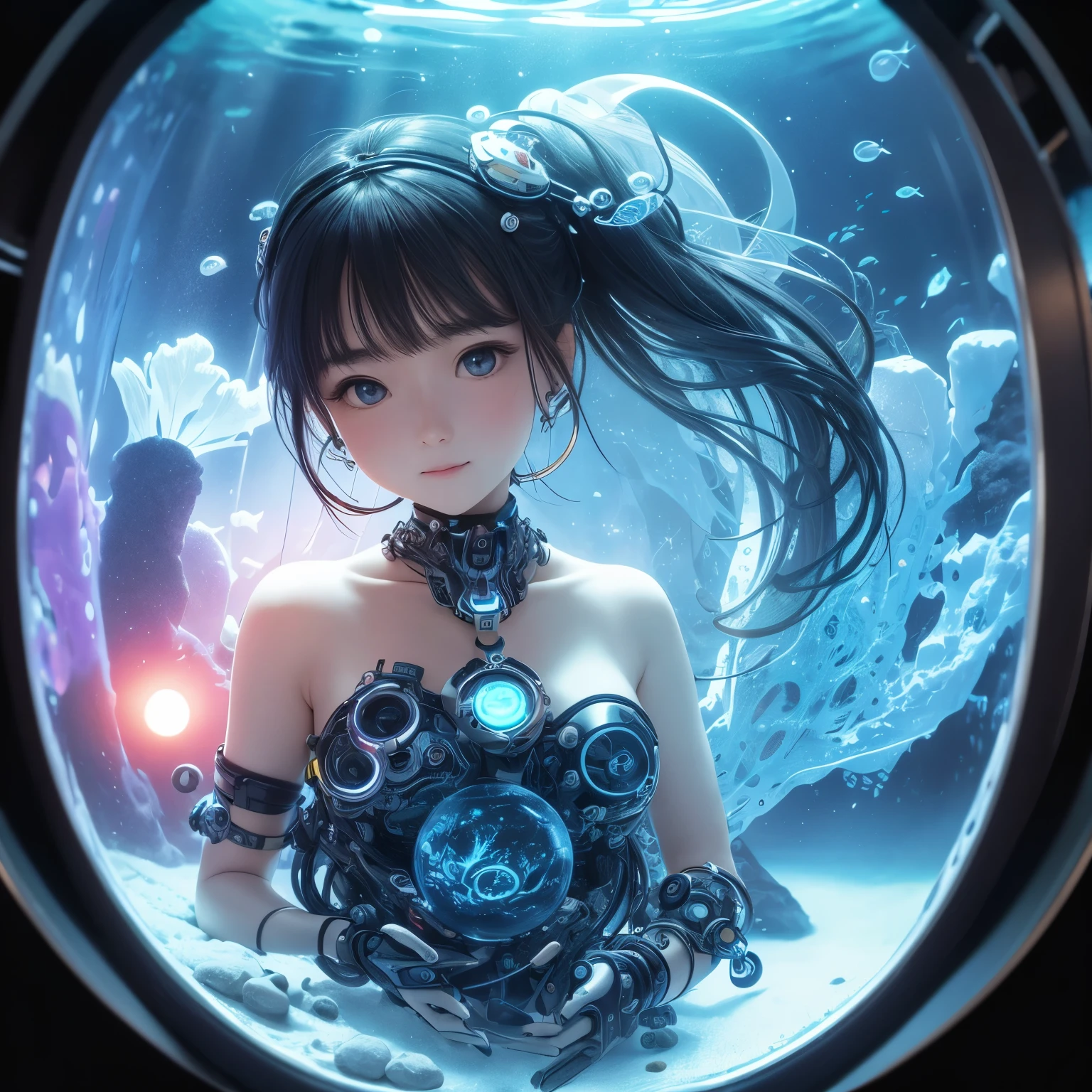 best quality, fine details, AI partner living inside the spherical aquarium keychain, beautiful face and a glowing body made of mechanical parts