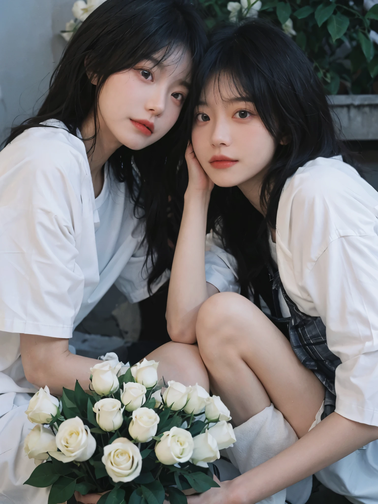 best quality, ultra high resolution, White background,(realistically:1.4), 2 girls, White short sleeves,twin? rain of roses,A pair of eyes as clear as snow,Royal sister,looking at the audience, close up ,