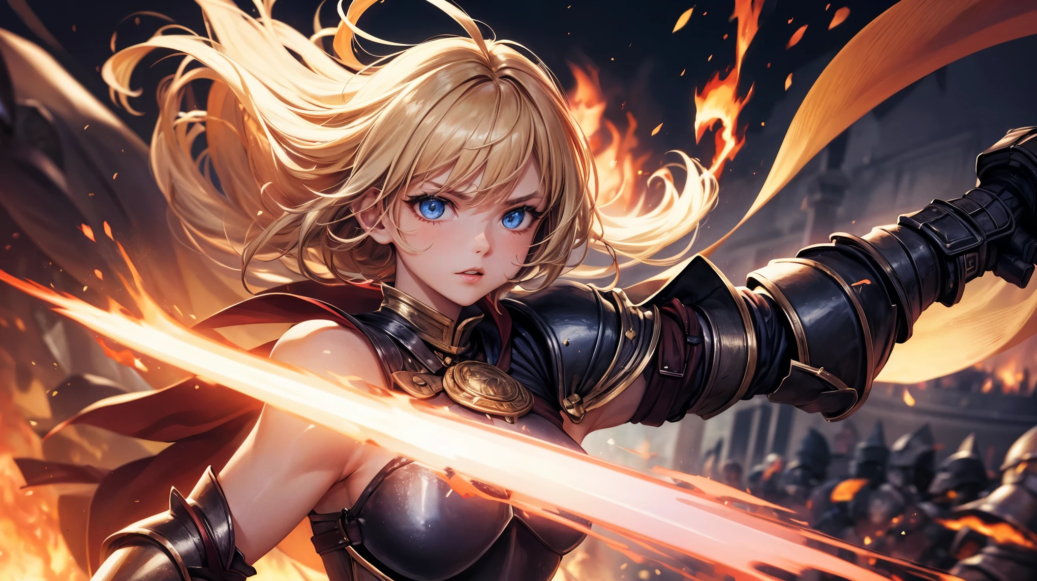 masterpiece,8k,best quality,ultra detailed,ultra highres,(((1 short haired Male paradin))), (((1 long haired Female knight))),(swinging a fire sword),(rage:0.6),(((upper body shot))),blonde hair, blue eye, straight hair,(fire:1.1),(((Burning-Edge:1.4))),(sunrise),(((arena))), (Shimmering Nightscapes), (full lips:1.2),(Radiant Flares:1.2), (((run:1.2))), (((speed lines:1.2))), (((duel:1.2))), (((gladiator))