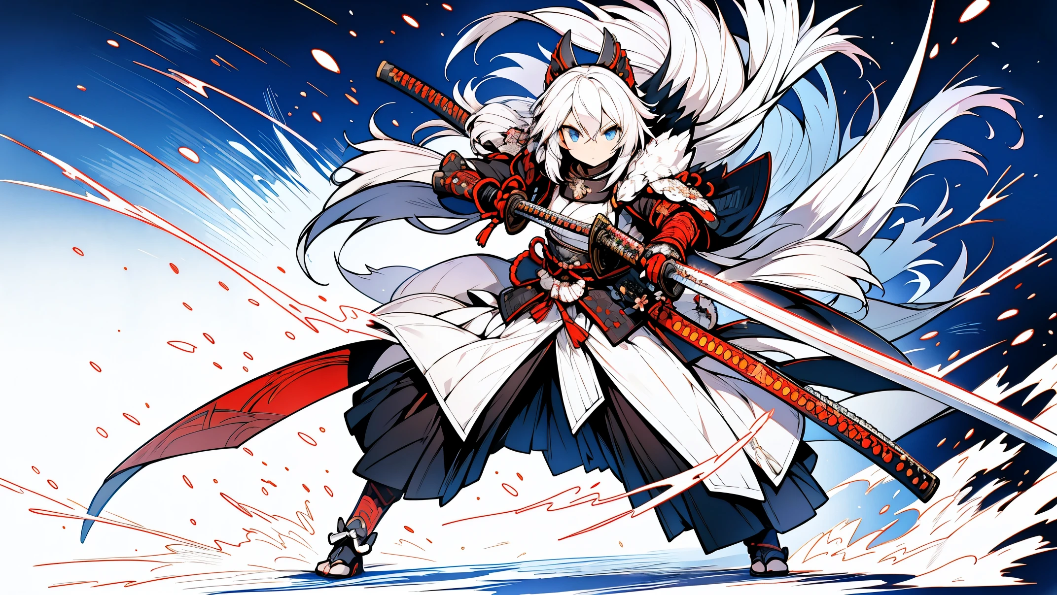 high quality, masterpiece, Super detailed, White Fox Samurai, long white hair, charming blue eyes, holding katana, Japanese-style armor, fiery background