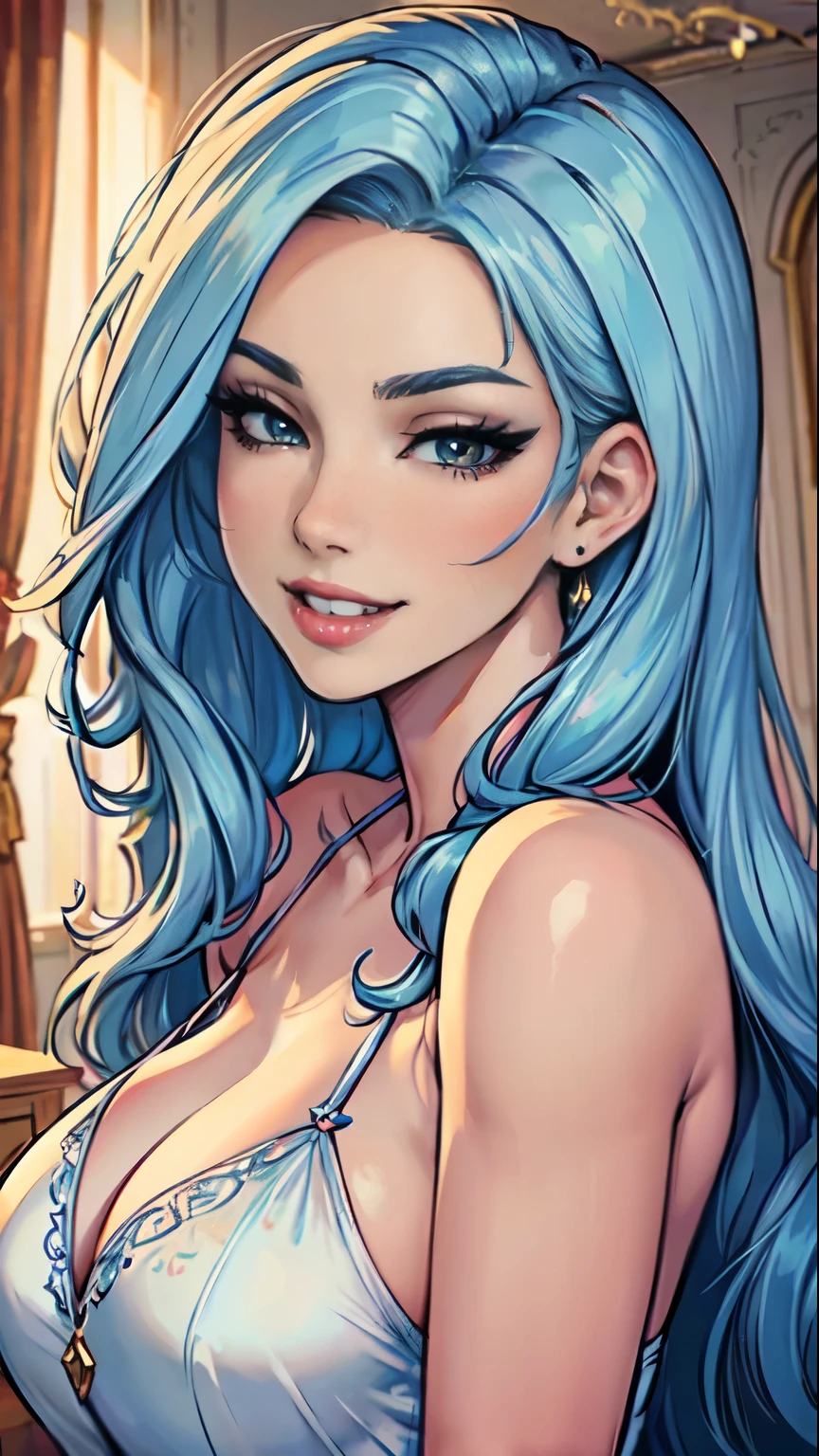 Masterpiece, raw, beautiful art, professional artist, 8k, art style by sciamano240, very detailed face, very detailed hair, 2 girls, perfectly drawn body, beautiful face, long hair, light blue hair , very detailed blue eyes, pouty lips , rosey cheeks, intricate details in eyes, grin, looking directlt at viewer , wearing nightgown, in love with viewer expression, wedding ring , lipstick, hotel setting, very close up on face,
