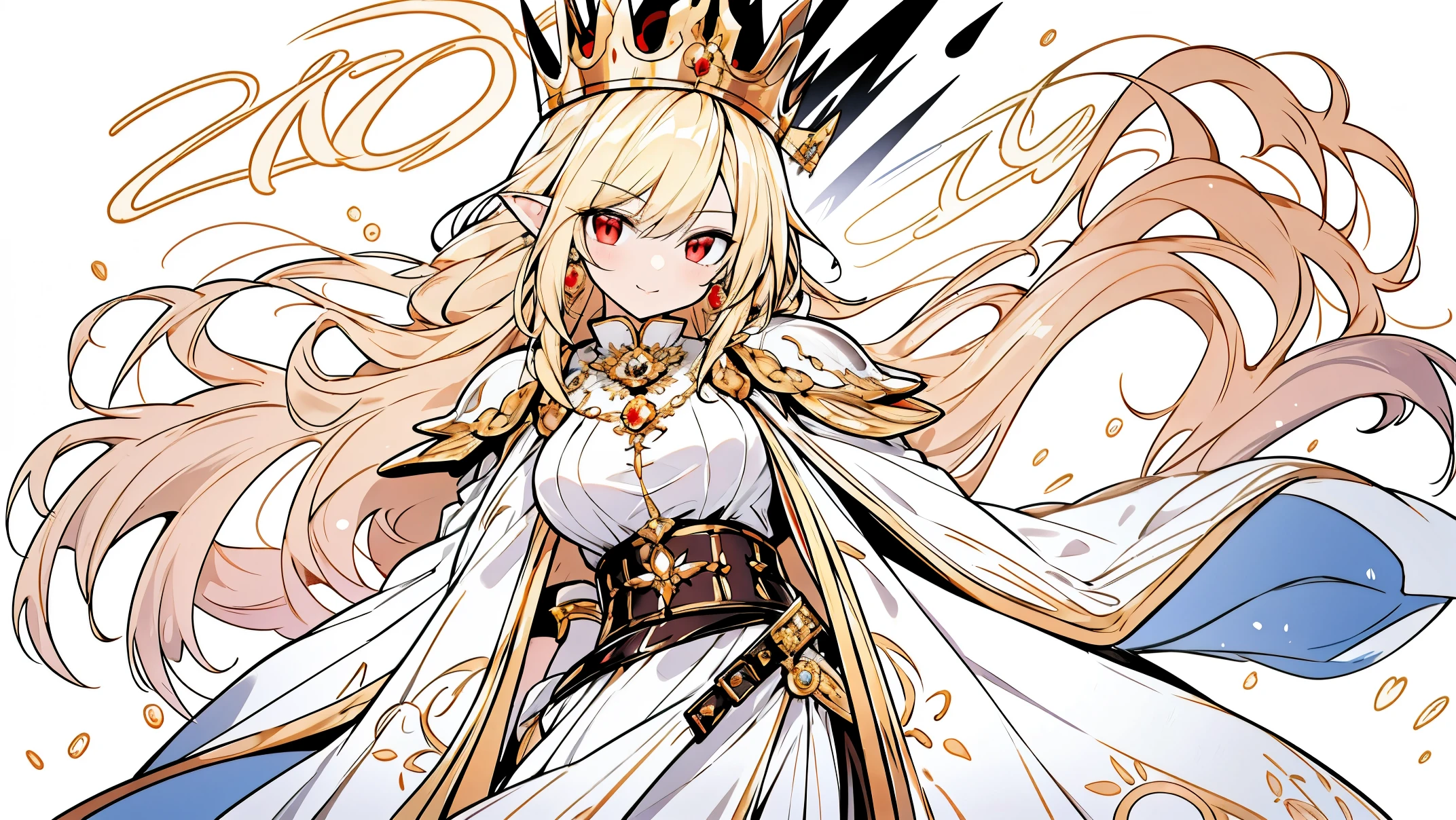 ((masterpiece:1.4, best quality))+, (Ultra-detailed)+, (exquisite red eye:1.5)+, (Detailed ears:1.5), (dress:1.5),(white:1.5), red shawl, Long hair details,Golden Crown,(white色的花:1.2), 皮肤苍white, (black cloth:1.5), (gold earrings:1.5),(queen:1.1), The huge mechanical armor behind,white色雕像,decoration of gold,Gold belt,Gold bracelet,Golden scepter,(dawn light:1.2), (close up:1.1), the only person, Shiny blonde hair, Gloom (Express), from below, best quality, high resolution, high detail, high quality, 16k
